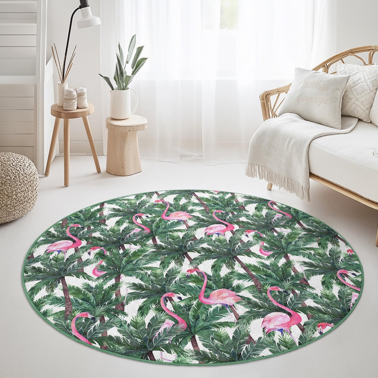 Tropical Flamingo Round Area Rug, Palm Leaf Pattern Carpet, Indoor Round Rug, Bohemian Decor, Living Room Rug, Exotic Home Decor