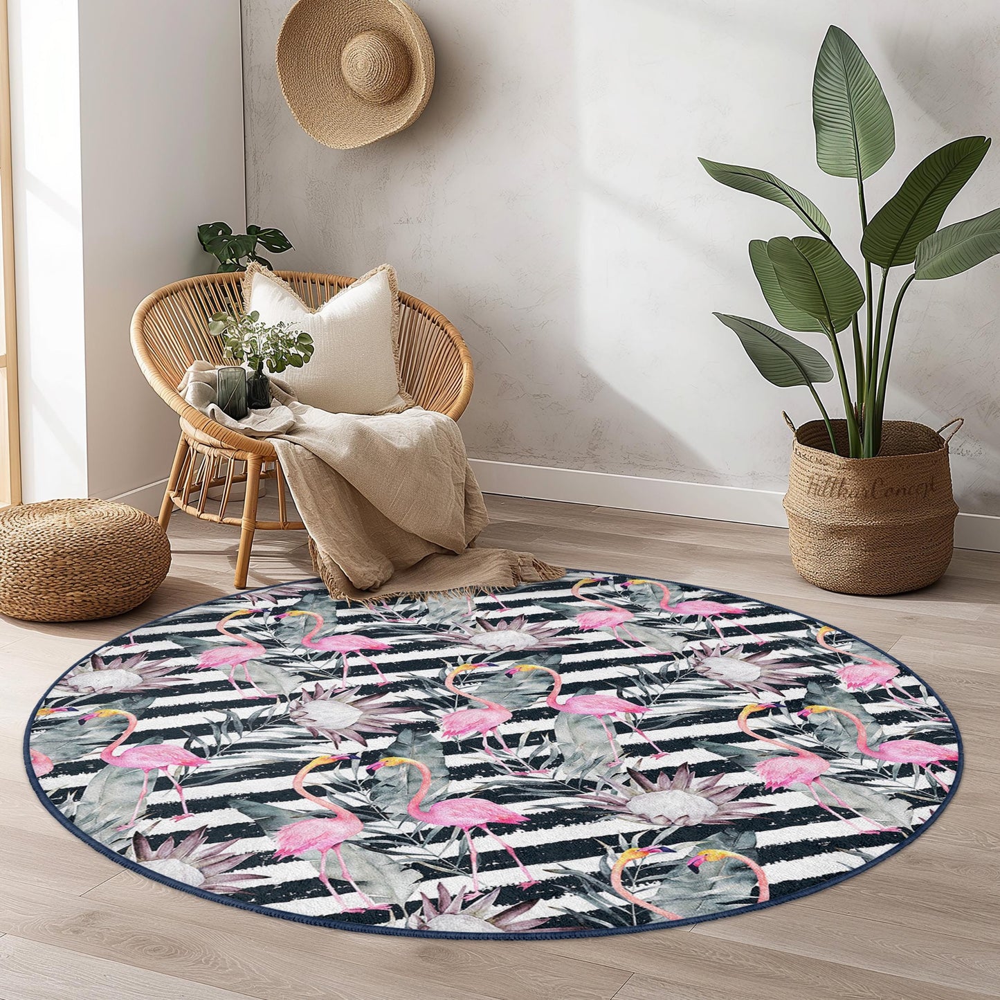 Elegant Flamingo Round Area Rug, Tropical Floral Pattern Carpet, Boho Chic Living Room Decor, Round Rug for Home, Stylish Round Mat