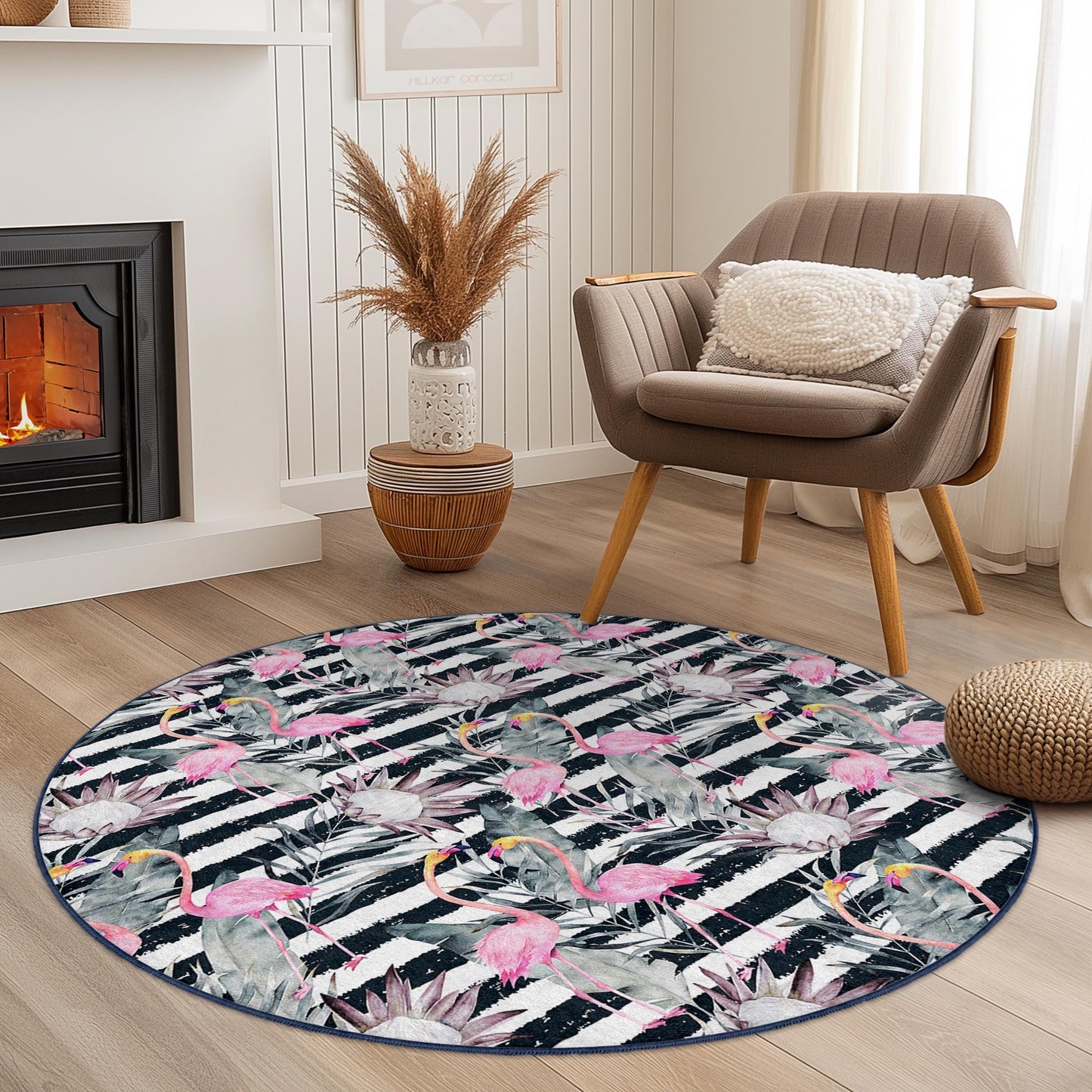 Elegant Flamingo Round Area Rug, Tropical Floral Pattern Carpet, Boho Chic Living Room Decor, Round Rug for Home, Stylish Round Mat