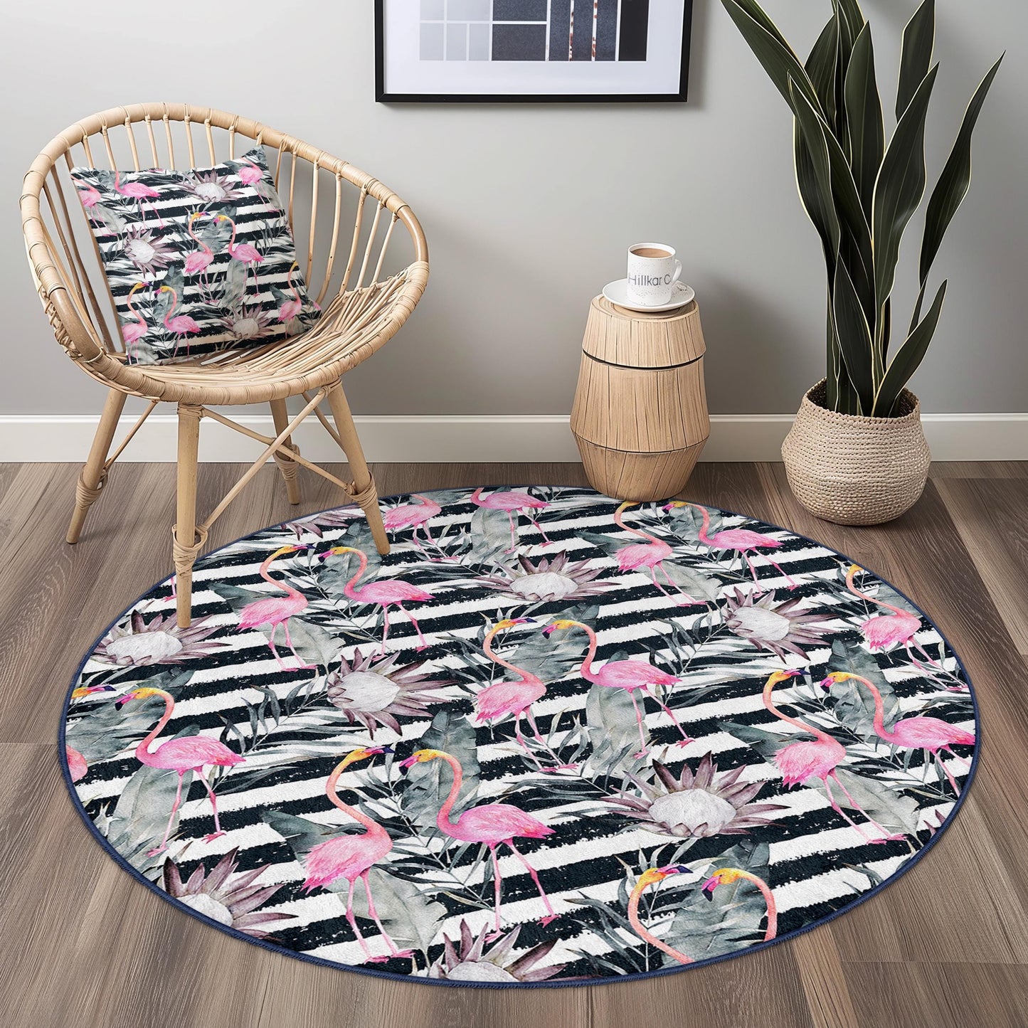 Elegant Flamingo Round Area Rug, Tropical Floral Pattern Carpet, Boho Chic Living Room Decor, Round Rug for Home, Stylish Round Mat