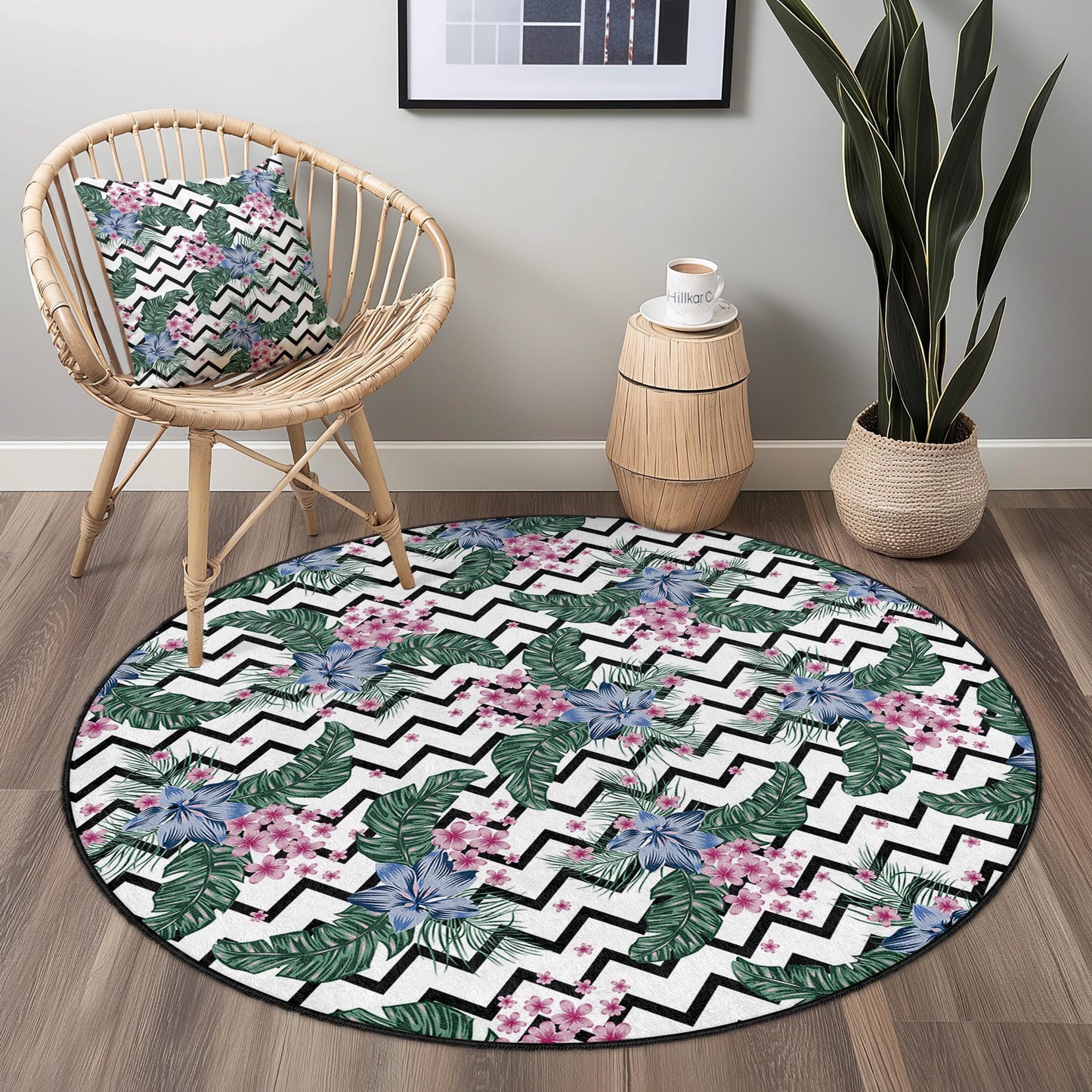 Vibrant Floral Round Area Rug, Tropical Green Leaves and Pink Flowers, Modern Round Carpet for Living Room, Home Decor, Boho Chic