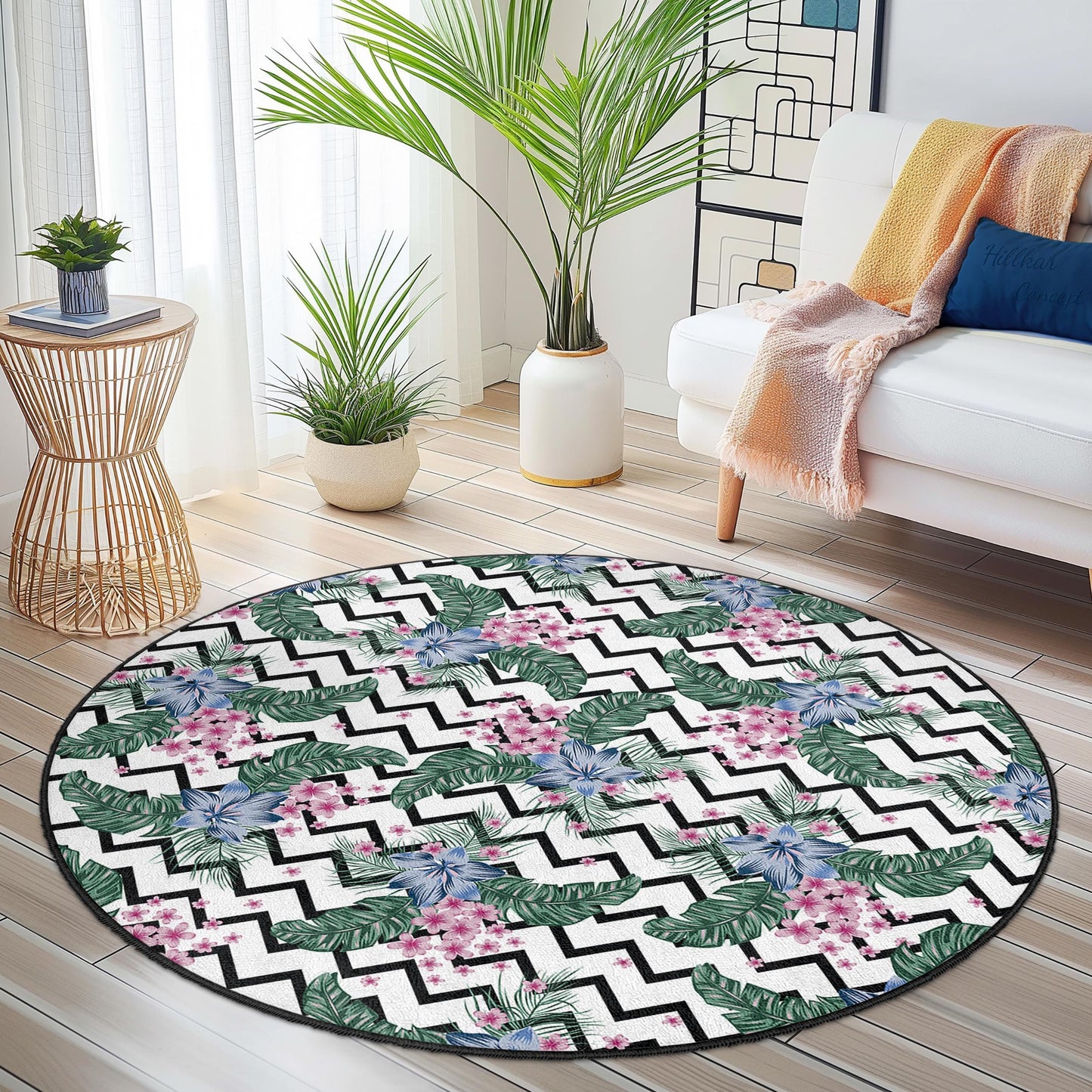 Vibrant Floral Round Area Rug, Tropical Green Leaves and Pink Flowers, Modern Round Carpet for Living Room, Home Decor, Boho Chic