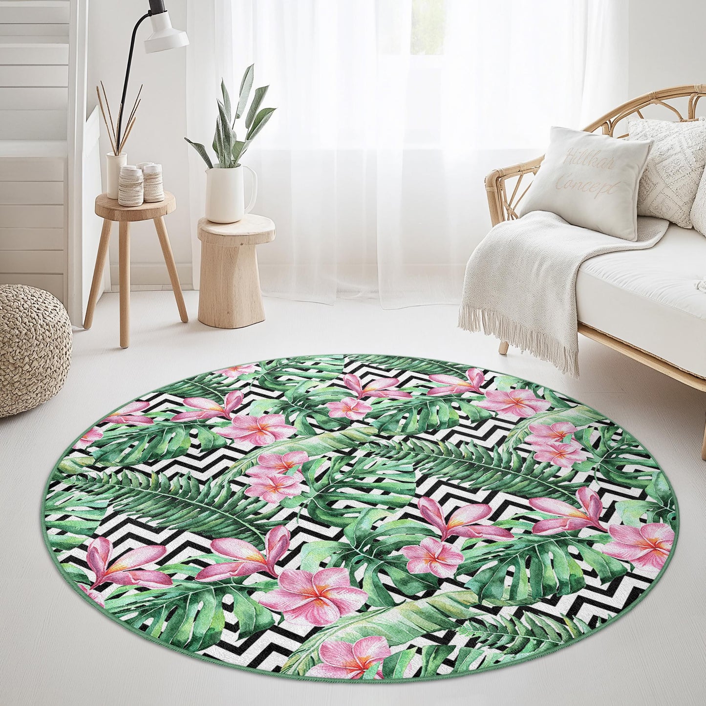 Tropical Floral Round Area Rug, Leaf Pattern Round Rug, Bohemian Style Home Decor, Indoor Round Carpet, Living Room Decor