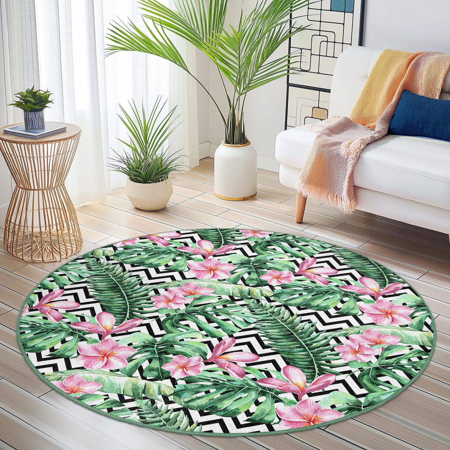 Tropical Floral Round Area Rug, Leaf Pattern Round Rug, Bohemian Style Home Decor, Indoor Round Carpet, Living Room Decor