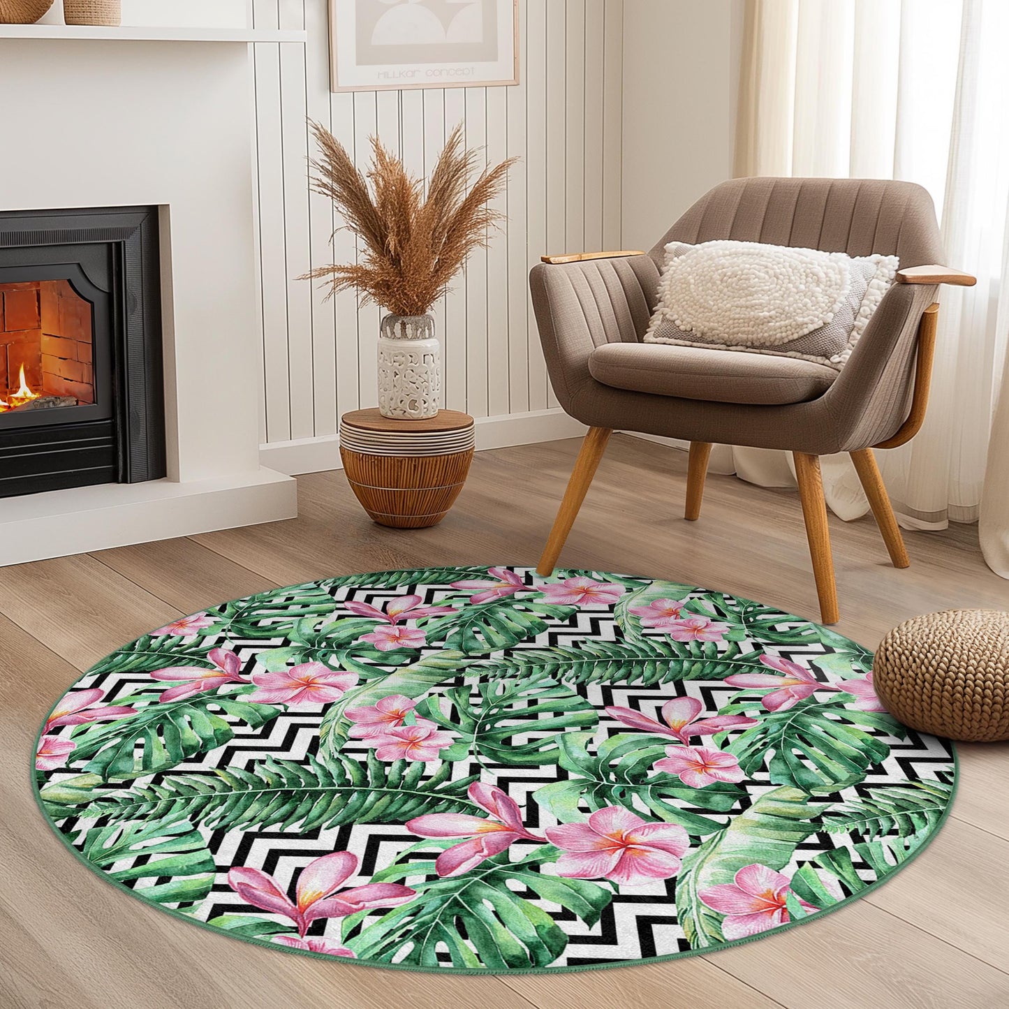 Tropical Floral Round Area Rug, Leaf Pattern Round Rug, Bohemian Style Home Decor, Indoor Round Carpet, Living Room Decor