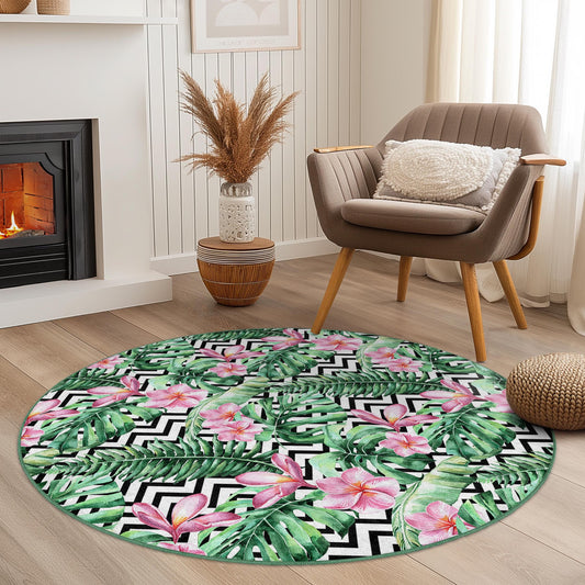 Tropical Floral Round Area Rug, Leaf Pattern Round Rug, Bohemian Style Home Decor, Indoor Round Carpet, Living Room Decor