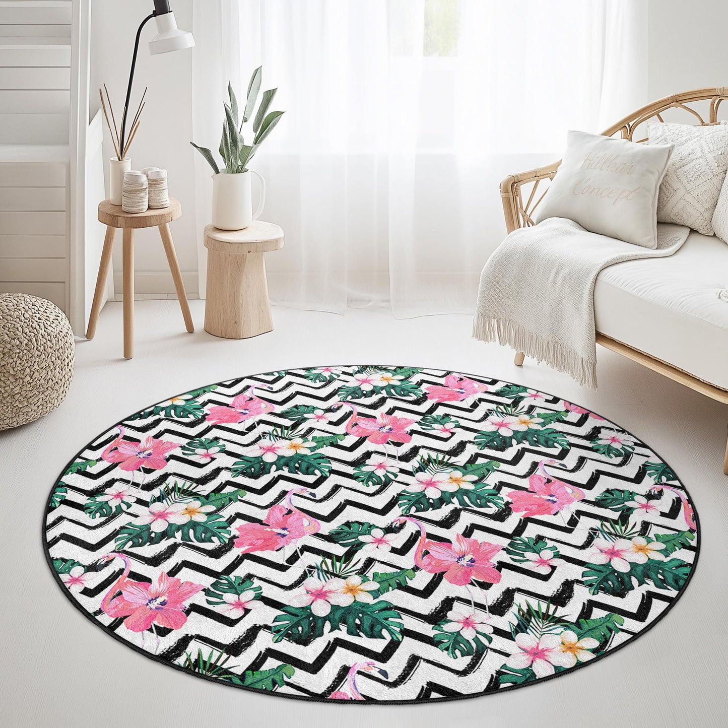 Flamingo Pattern Round Area Rug, Tropical Floral Round Rug, Boho Chic Home Decor, Living Room Round Carpet, Indoor Round Mat