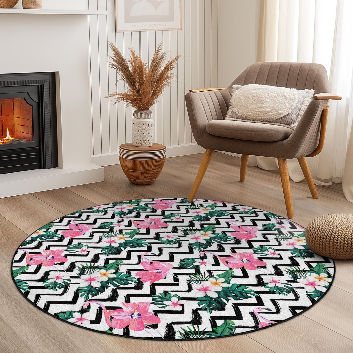 Flamingo Pattern Round Area Rug, Tropical Floral Round Rug, Boho Chic Home Decor, Living Room Round Carpet, Indoor Round Mat