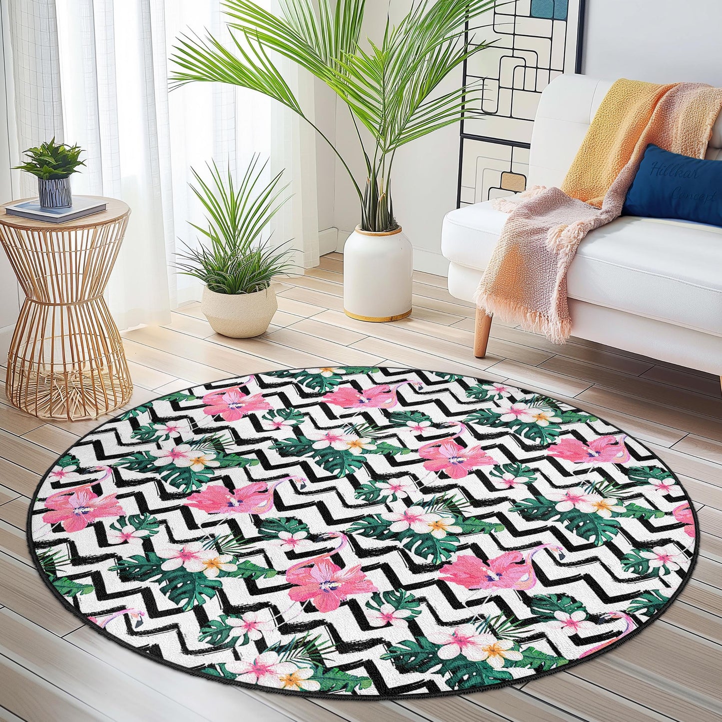 Flamingo Pattern Round Area Rug, Tropical Floral Round Rug, Boho Chic Home Decor, Living Room Round Carpet, Indoor Round Mat
