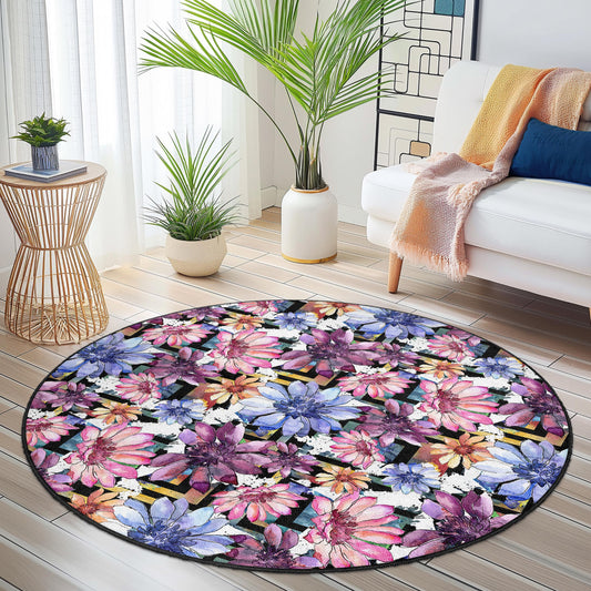 Floral Pattern Round Area Rug, Colorful Flower Round Carpet, Living Room Rug, Decorative Round Rug for Home, Boho Chic Decor