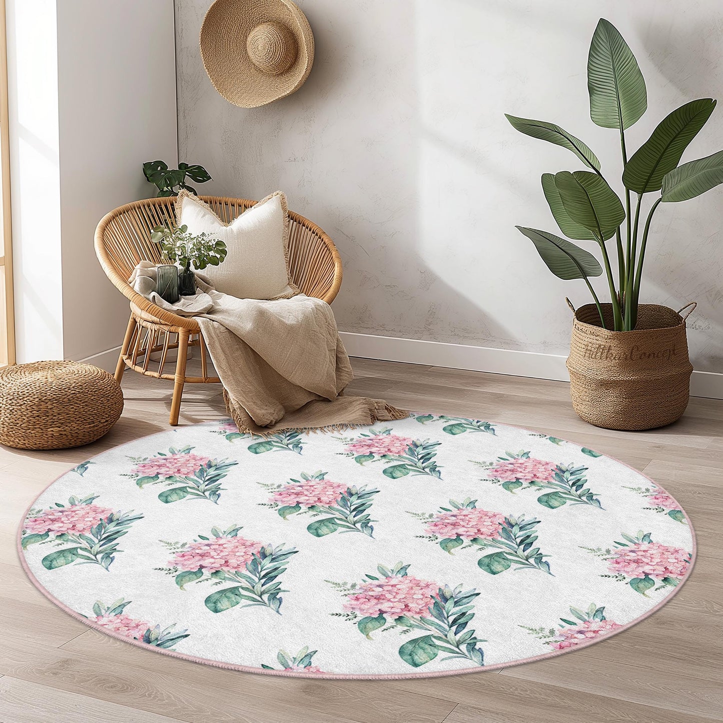 Floral Pattern Round Area Rug, Elegant Flower Design Rug, Botanical Round Carpet for Living Room, Soft Floral Decor, Home Accent