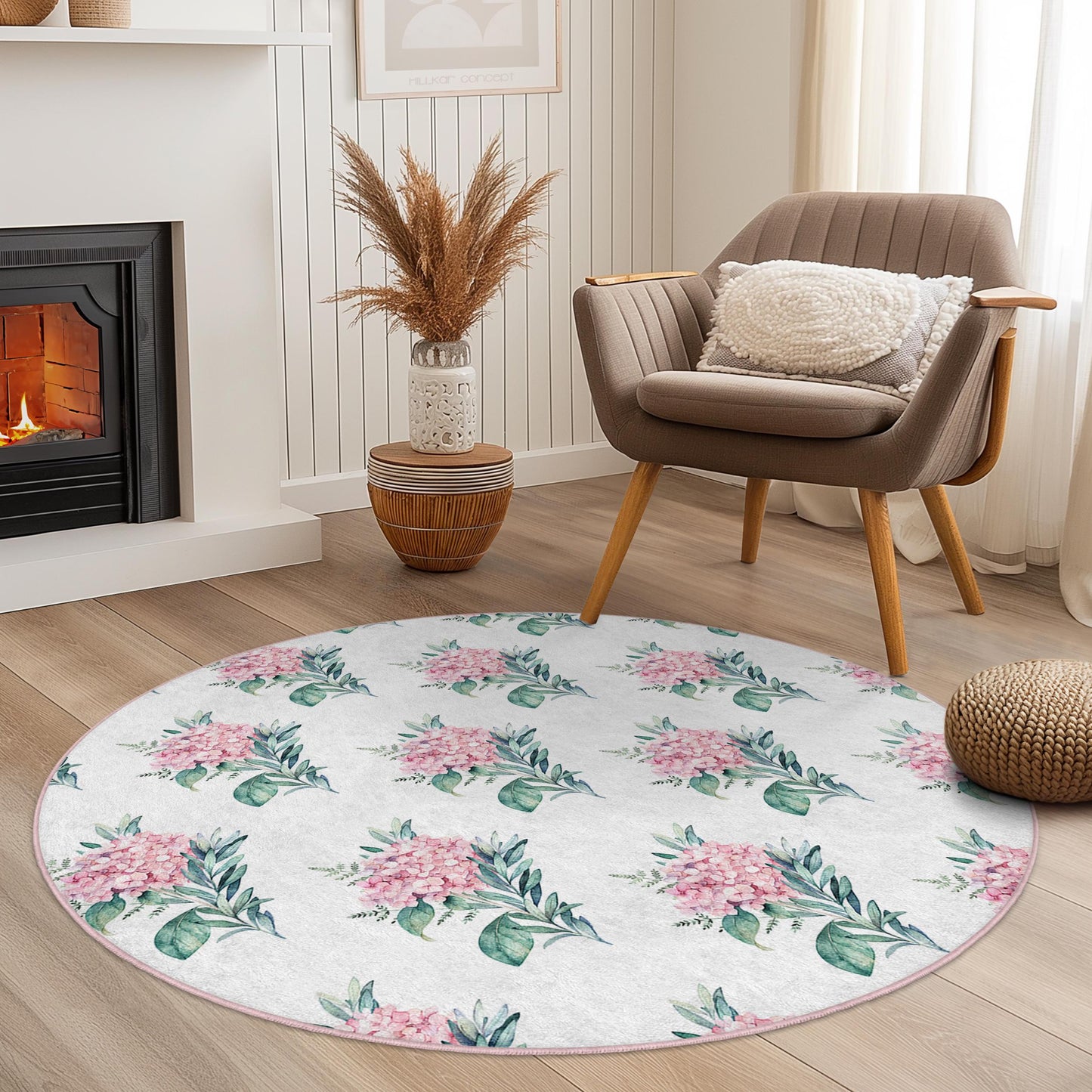Floral Pattern Round Area Rug, Elegant Flower Design Rug, Botanical Round Carpet for Living Room, Soft Floral Decor, Home Accent
