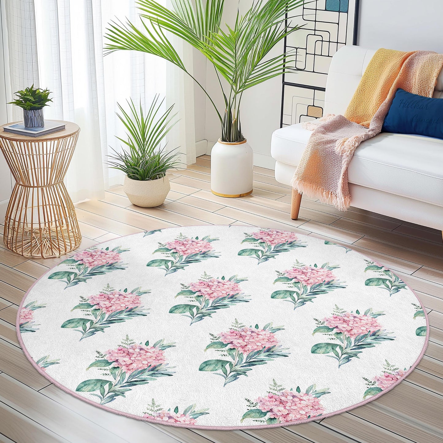 Floral Pattern Round Area Rug, Elegant Flower Design Rug, Botanical Round Carpet for Living Room, Soft Floral Decor, Home Accent