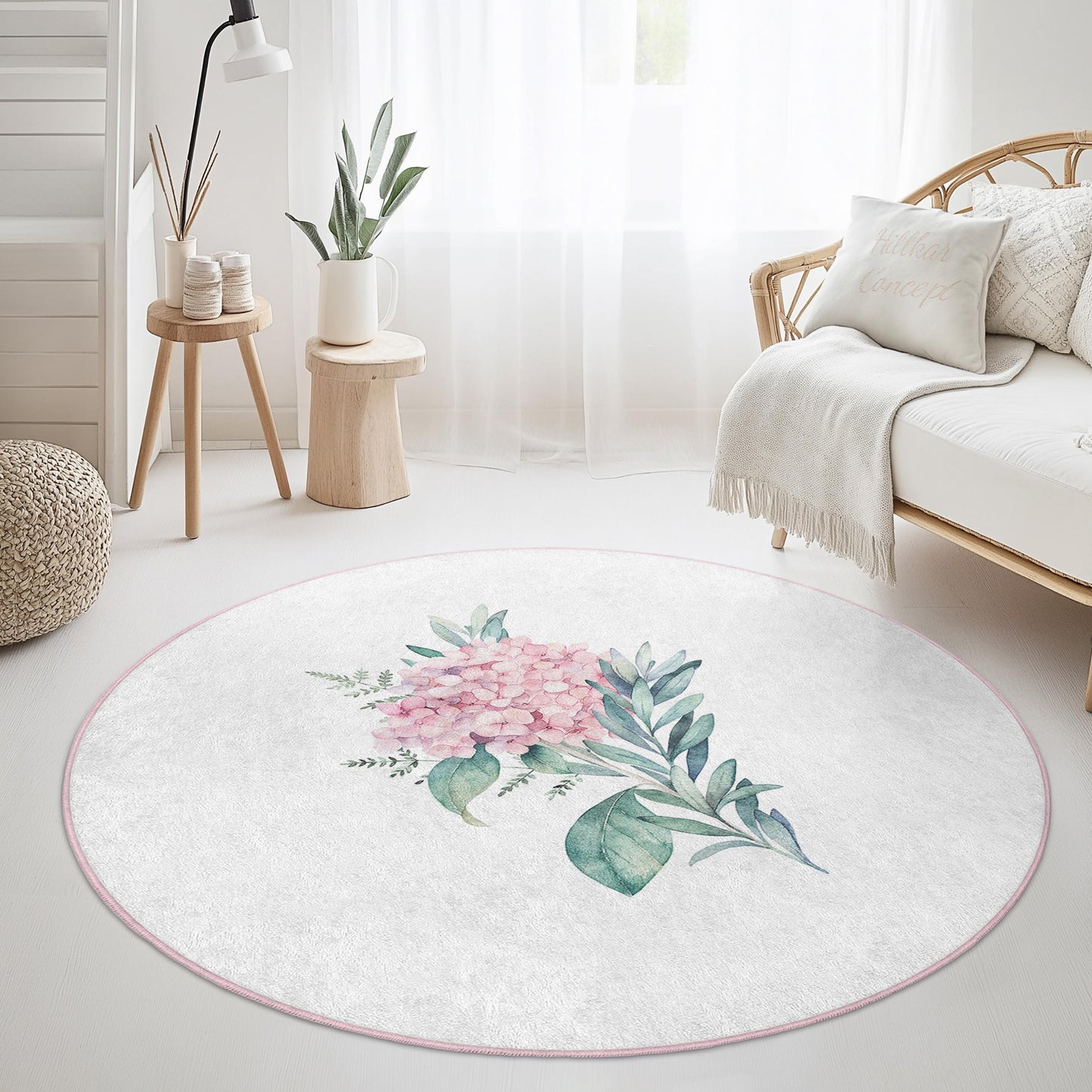Floral Round Area Rug, Soft Floral Pattern Rug for Living Room, Round Decorative Rug, Bohemian Style Home Decor