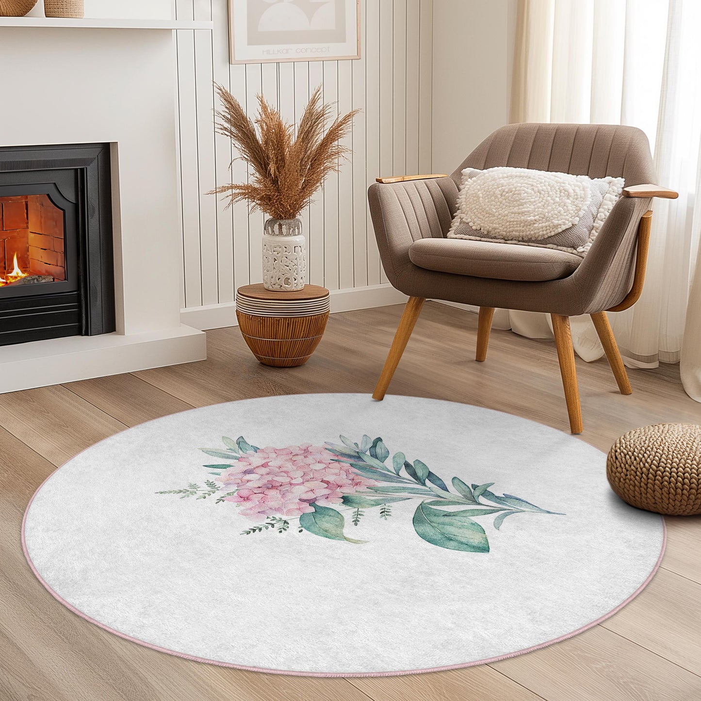 Floral Round Area Rug, Soft Floral Pattern Rug for Living Room, Round Decorative Rug, Bohemian Style Home Decor