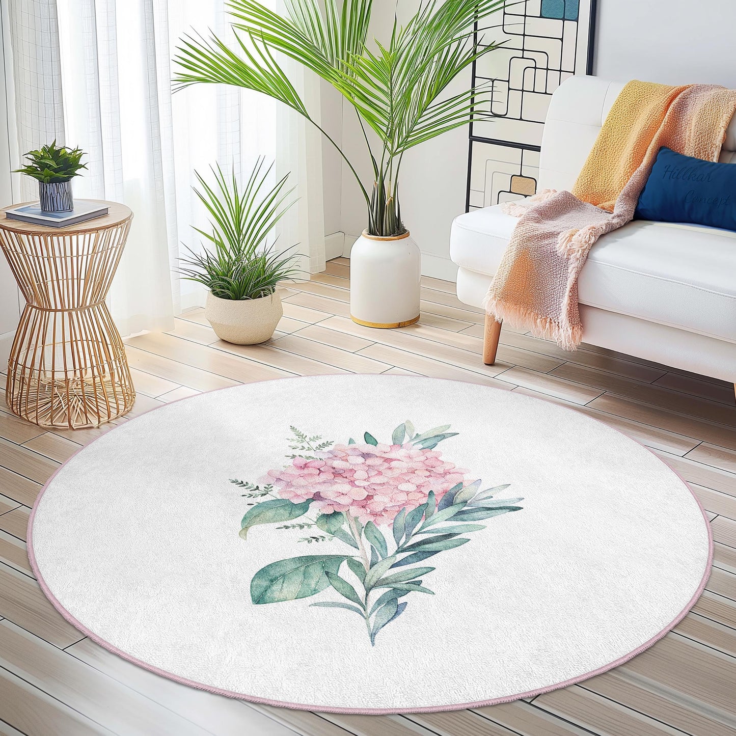 Floral Round Area Rug, Soft Floral Pattern Rug for Living Room, Round Decorative Rug, Bohemian Style Home Decor