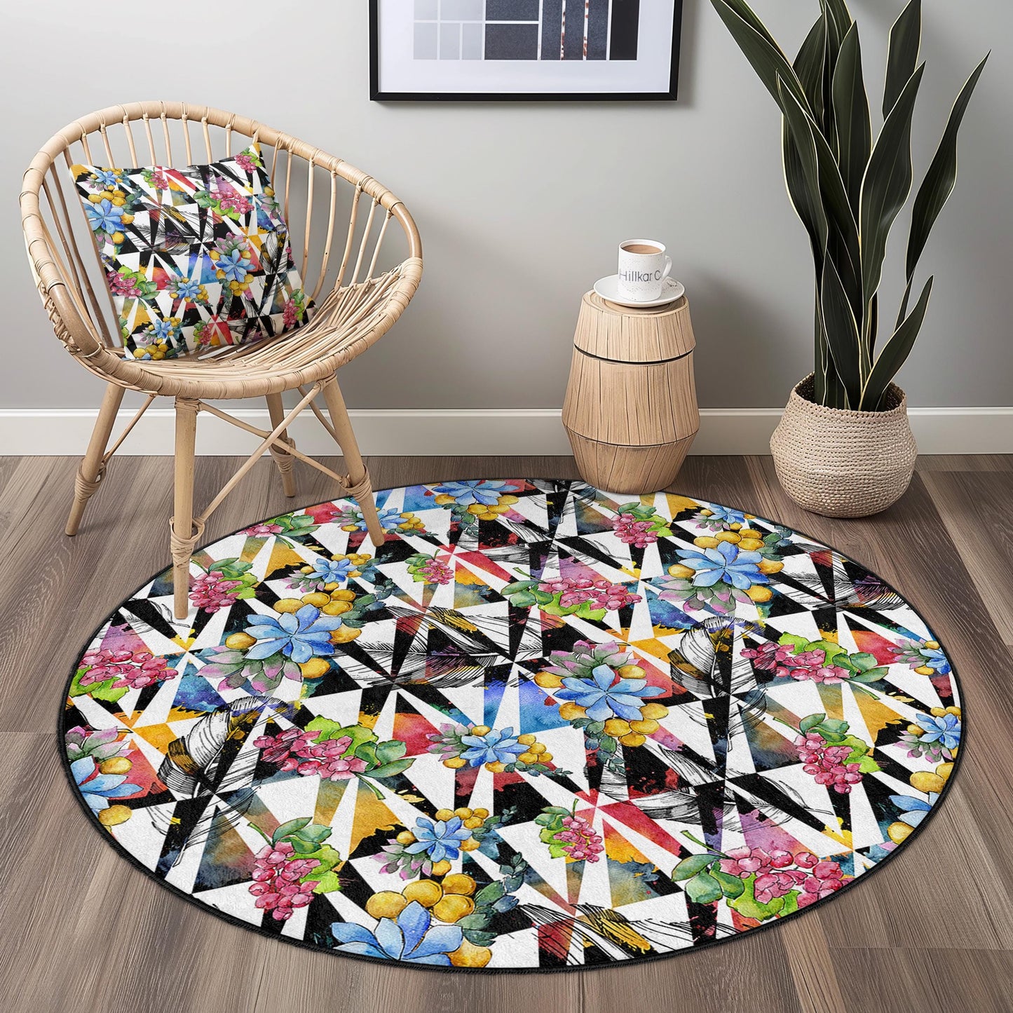 Floral Geometric Round Area Rug, Vibrant Flower Pattern Rug, Modern Round Carpet for Living Room, Unique Home Decor, Stylish Round Rug