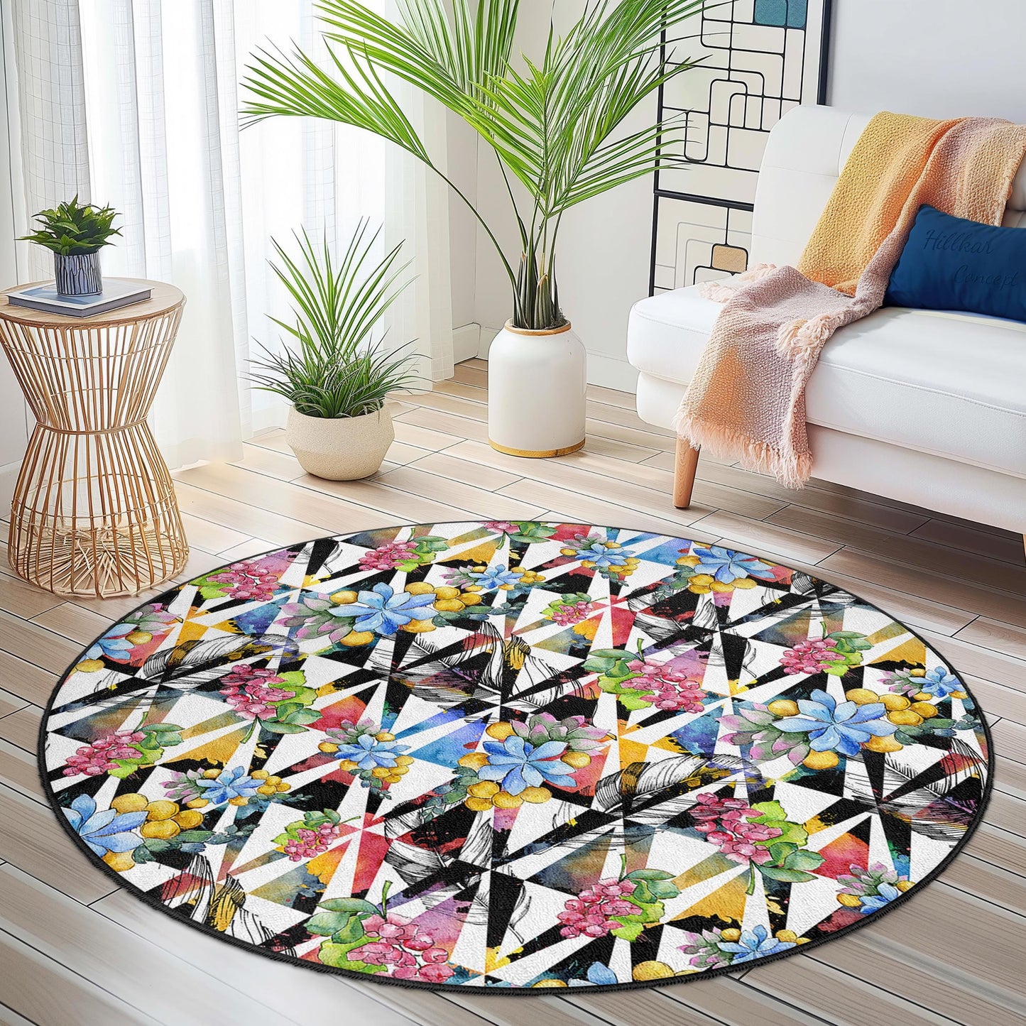 Floral Geometric Round Area Rug, Vibrant Flower Pattern Rug, Modern Round Carpet for Living Room, Unique Home Decor, Stylish Round Rug