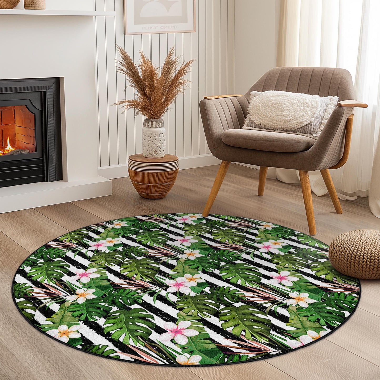 Tropical Leaf Round Area Rug, Floral Pattern Round Carpet, Bohemian Round Rug, Indoor Decor, Living Room Rug, Home Accent