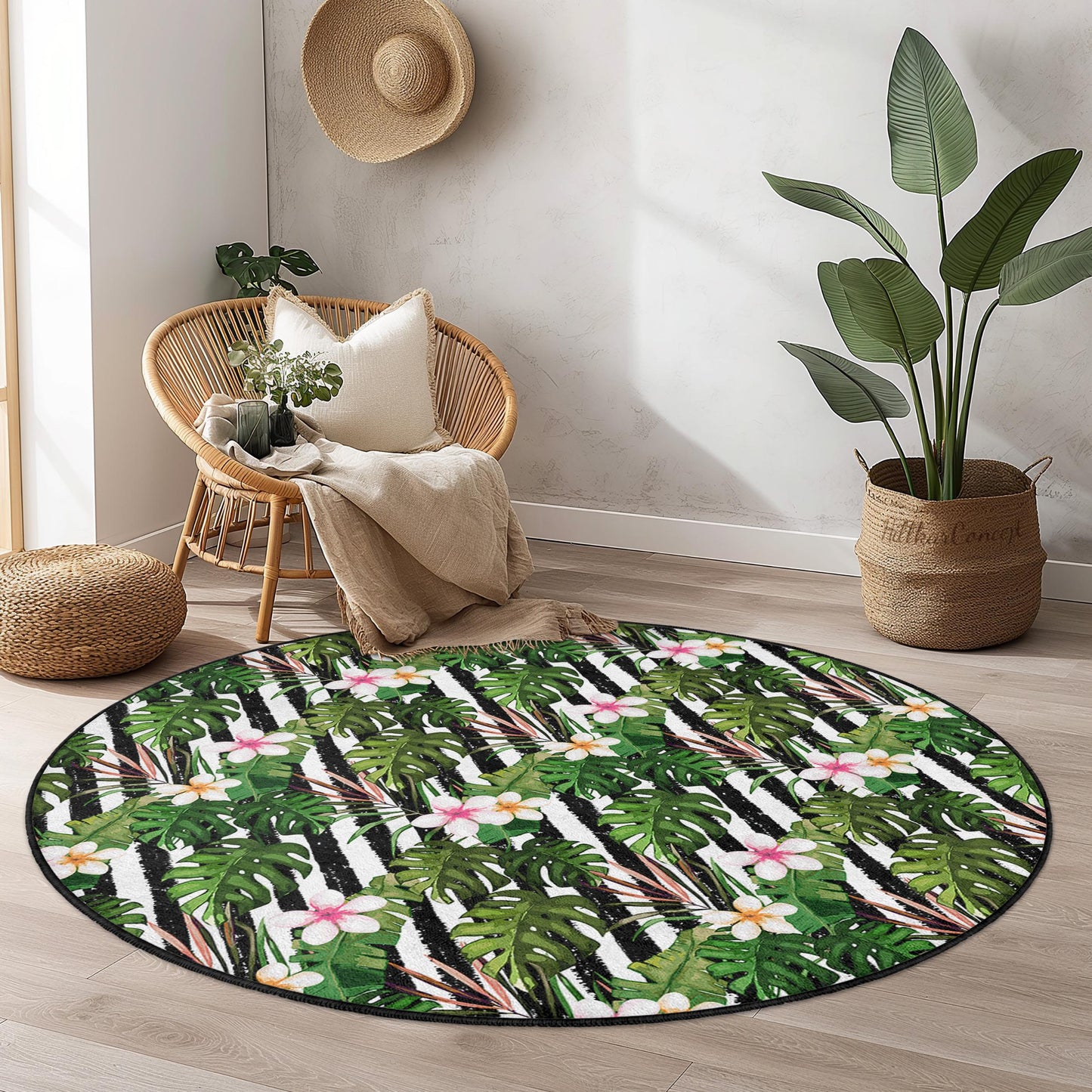 Tropical Leaf Round Area Rug, Floral Pattern Round Carpet, Bohemian Round Rug, Indoor Decor, Living Room Rug, Home Accent