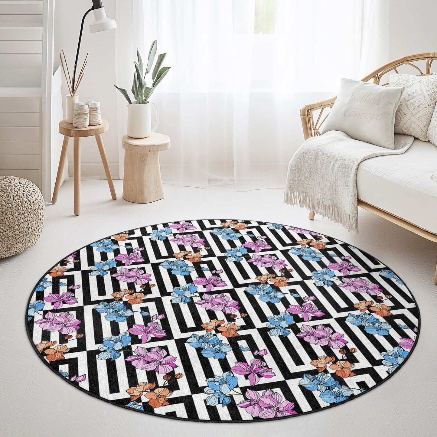 Floral Geometric Round Area Rug, Elegant Flower Pattern Rug, Modern Round Carpet for Living Room, Black and White Floral Rug