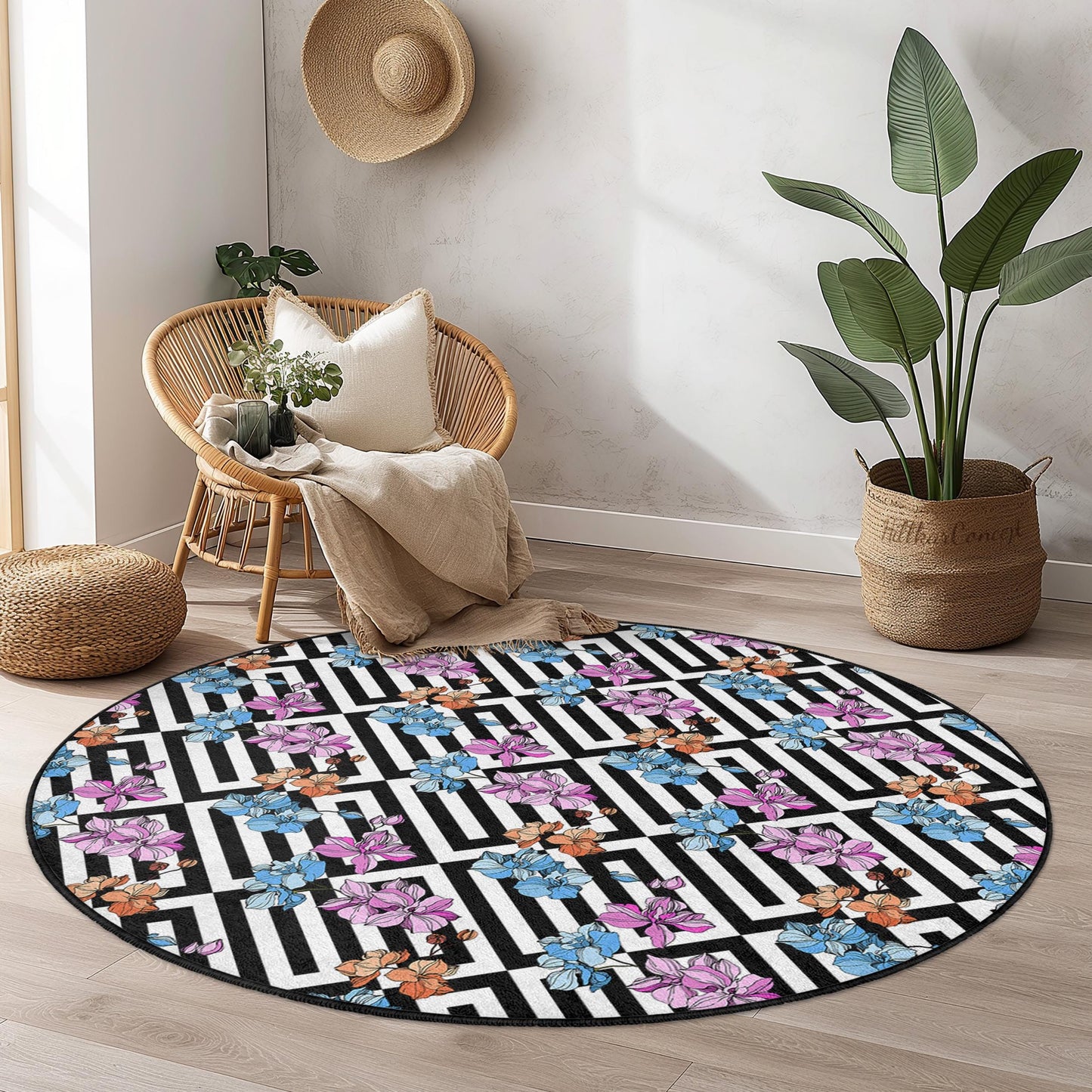 Floral Geometric Round Area Rug, Elegant Flower Pattern Rug, Modern Round Carpet for Living Room, Black and White Floral Rug