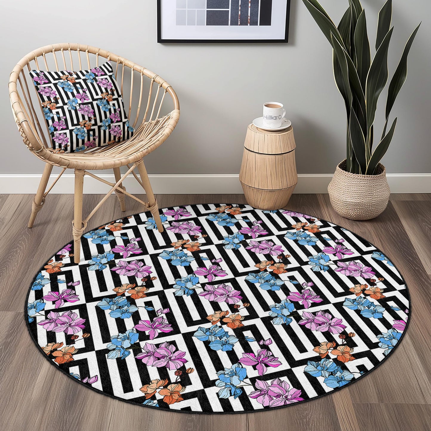 Floral Geometric Round Area Rug, Elegant Flower Pattern Rug, Modern Round Carpet for Living Room, Black and White Floral Rug