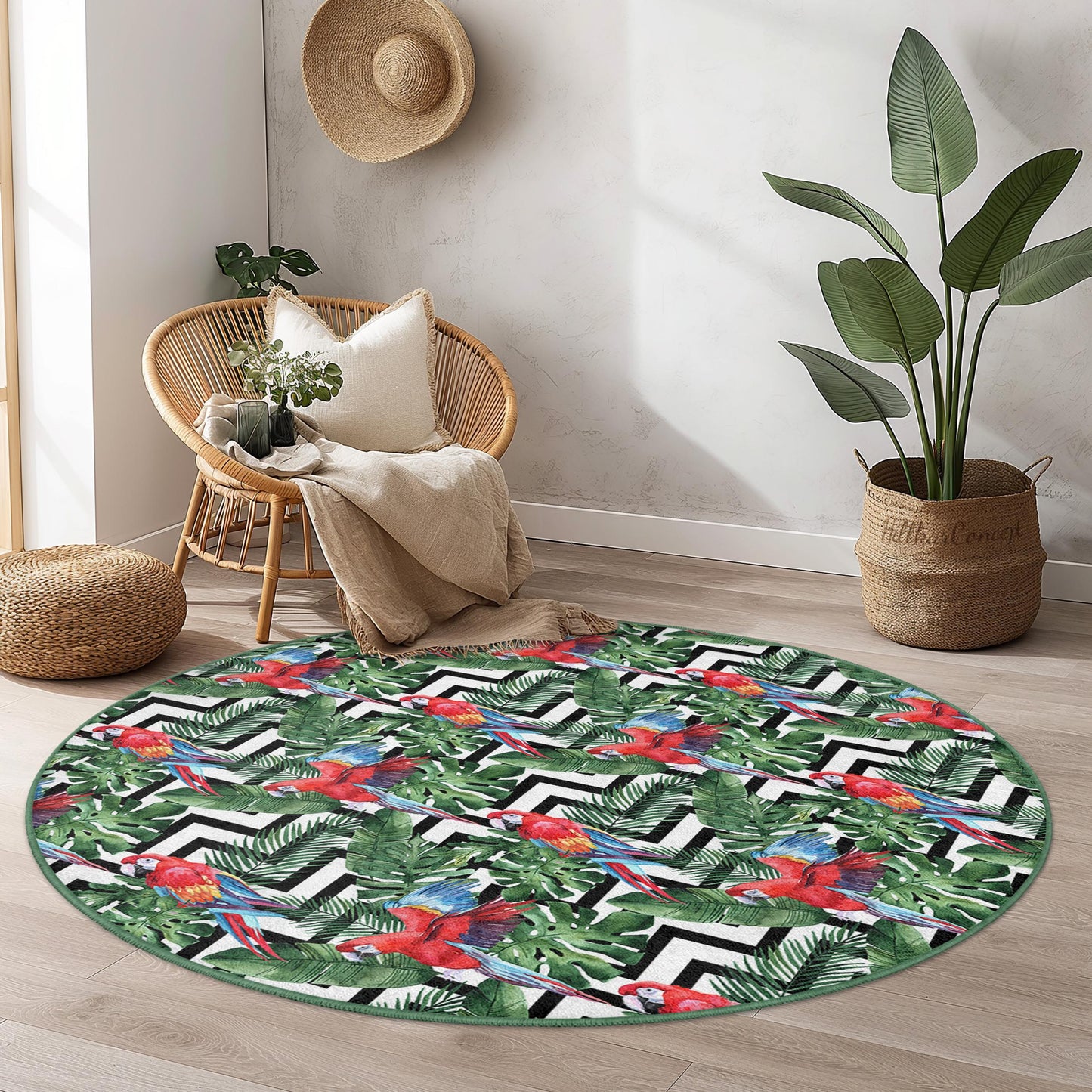 Vibrant Tropical Parrot Round Area Rug, Colorful Jungle Pattern, Bohemian Home Decor, Living Room Carpet, Unique Round Rug