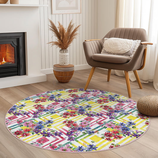 Colorful Floral Round Area Rug, Bright Patterned Round Rug, Living Room Decor, Bohemian Style Rug, Vibrant Round Carpet