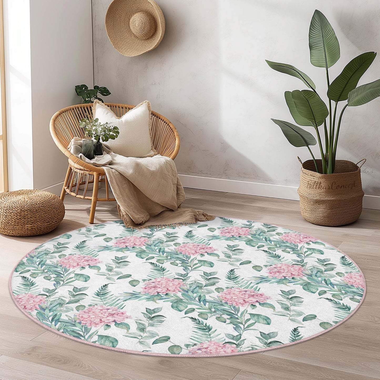 Floral Round Area Rug, Pink Flower Round Carpet, Botanical Print Rug for Living Room, Soft Round Rug for Home Decor