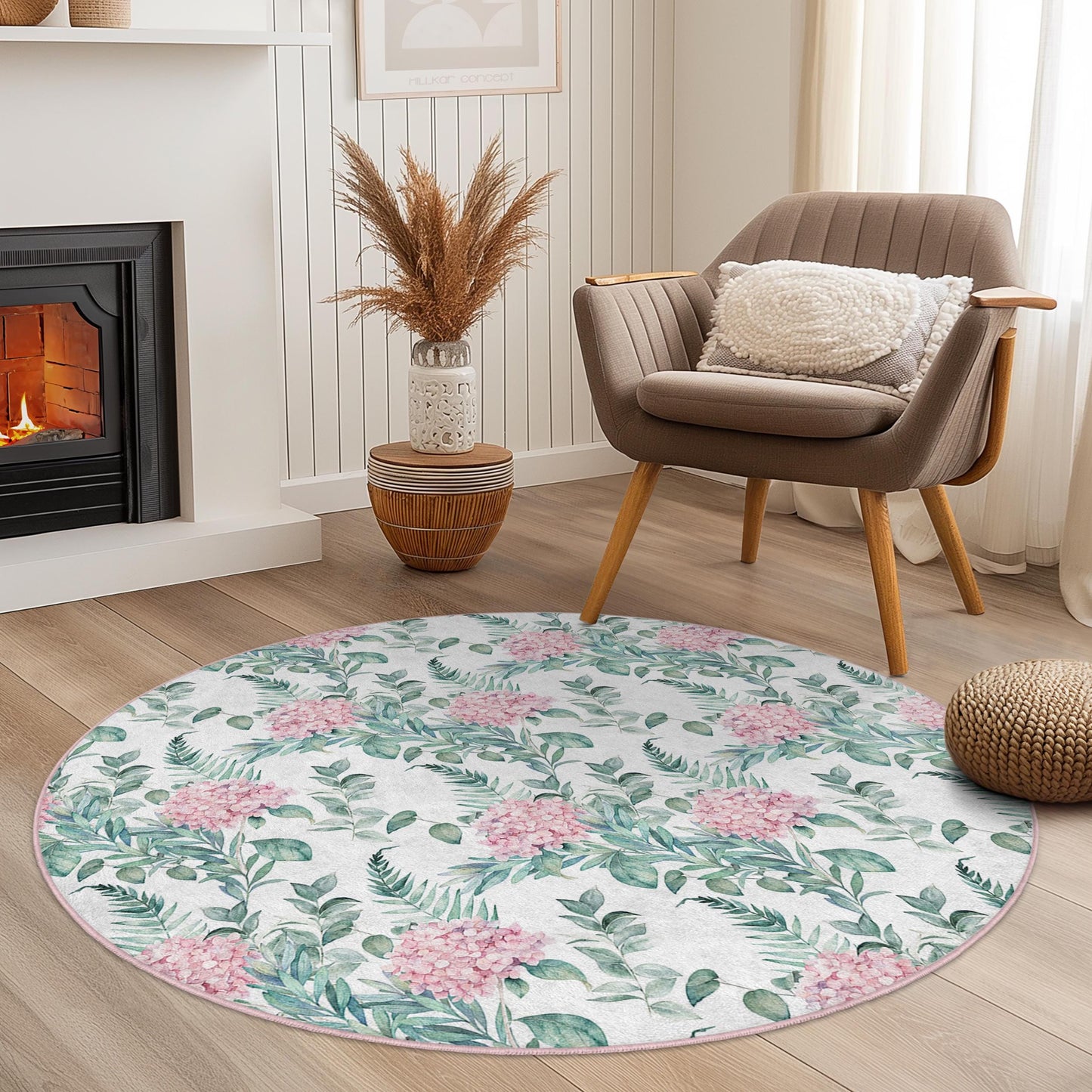 Floral Round Area Rug, Pink Flower Round Carpet, Botanical Print Rug for Living Room, Soft Round Rug for Home Decor