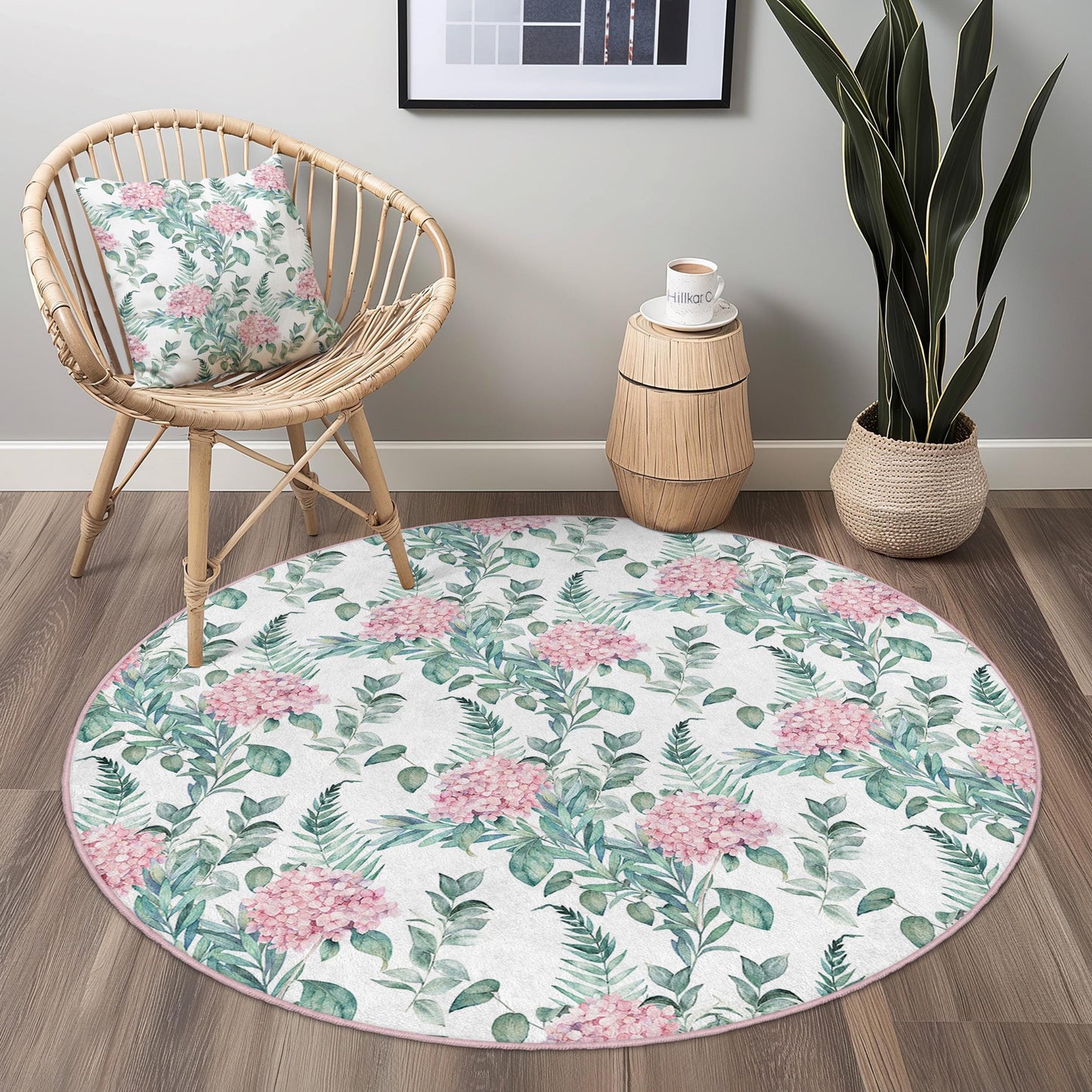 Floral Round Area Rug, Pink Flower Round Carpet, Botanical Print Rug for Living Room, Soft Round Rug for Home Decor