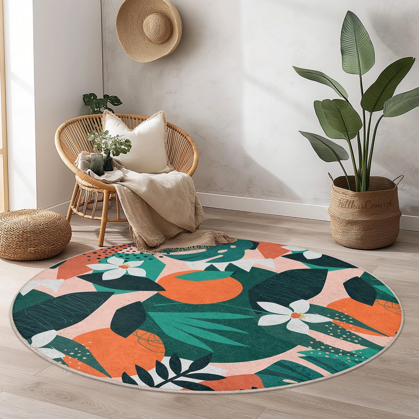 Tropical Leaf Pattern Round Area Rug, Bohemian Round Rug, Indoor Decor, Living Room Rug, Unique Round Carpet, Floral Design Rug