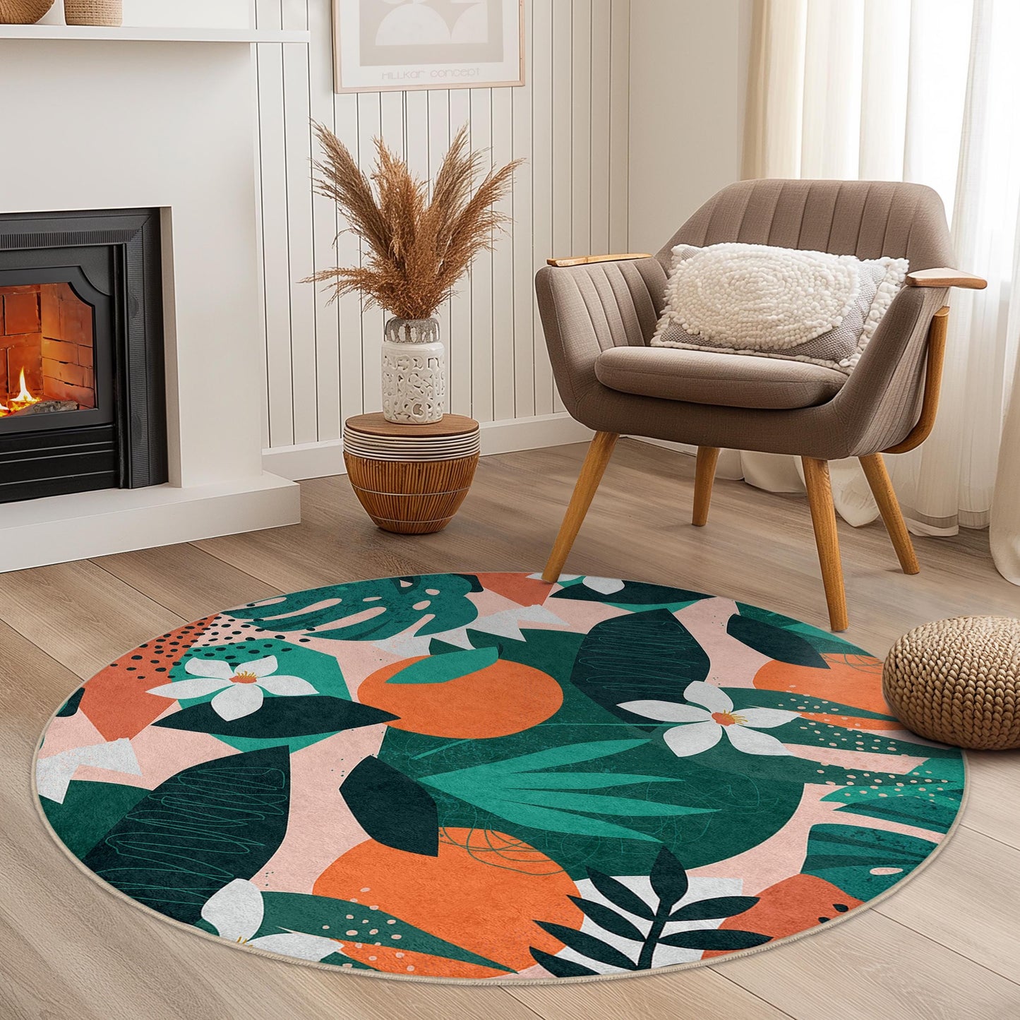 Tropical Leaf Pattern Round Area Rug, Bohemian Round Rug, Indoor Decor, Living Room Rug, Unique Round Carpet, Floral Design Rug