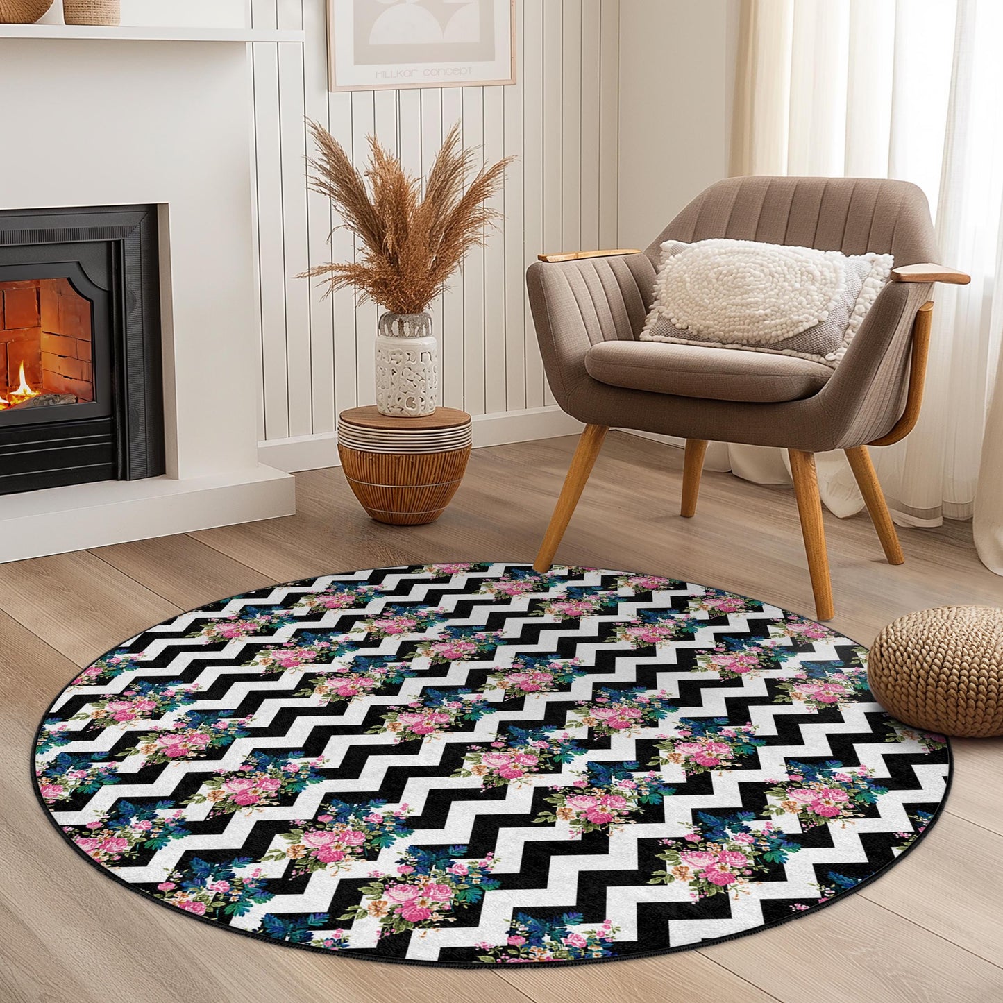 Floral Chevron Pattern Round Area Rug, Stylish Round Carpet, Chic Living Room Rug, Bohemian Home Decor, Modern Black and White Rug