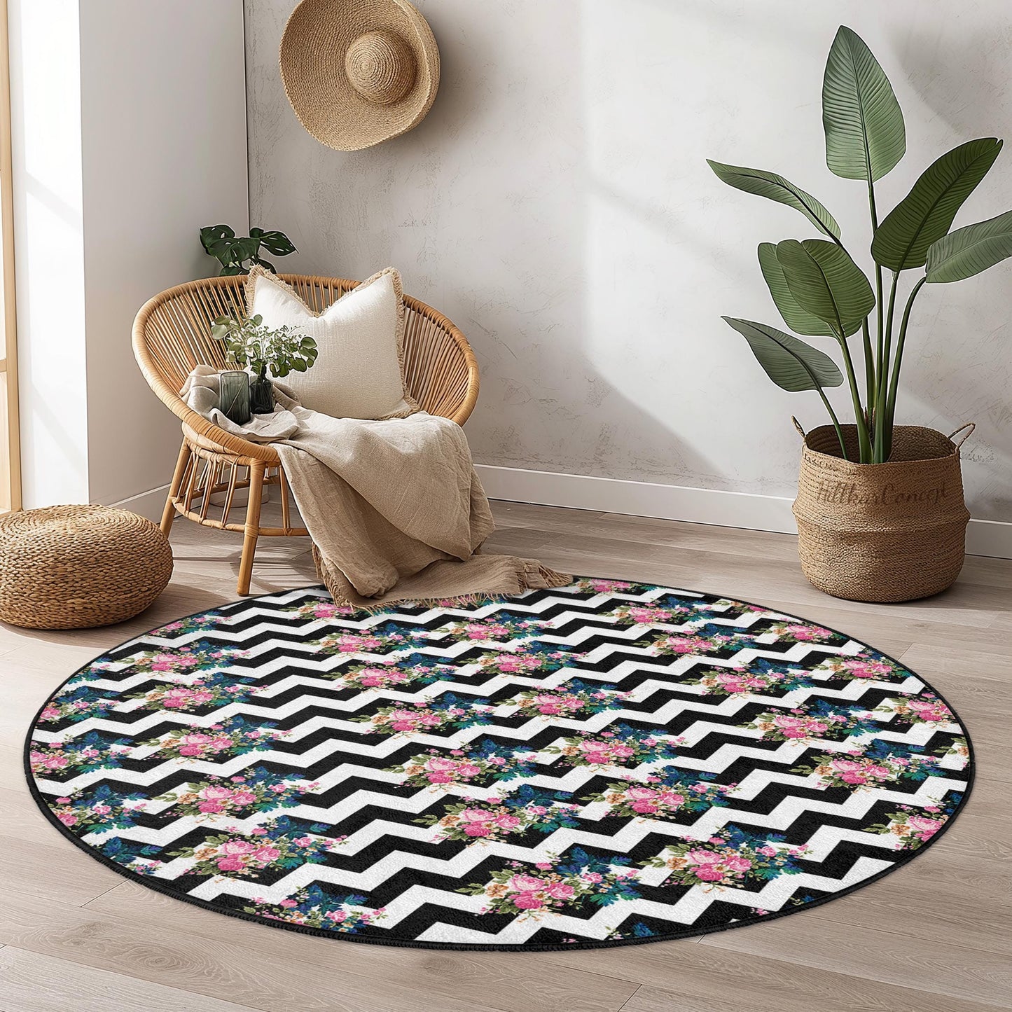Floral Chevron Pattern Round Area Rug, Stylish Round Carpet, Chic Living Room Rug, Bohemian Home Decor, Modern Black and White Rug