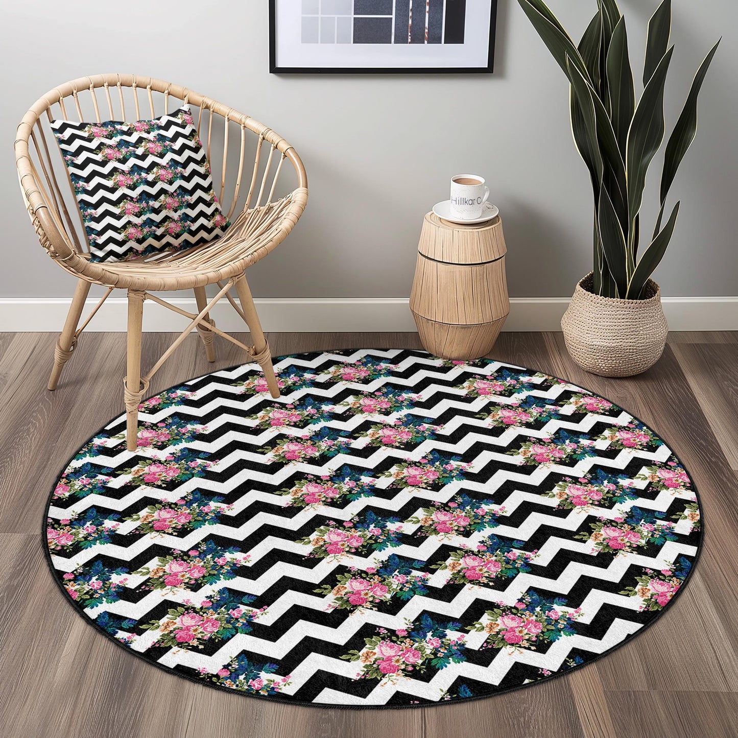 Floral Chevron Pattern Round Area Rug, Stylish Round Carpet, Chic Living Room Rug, Bohemian Home Decor, Modern Black and White Rug