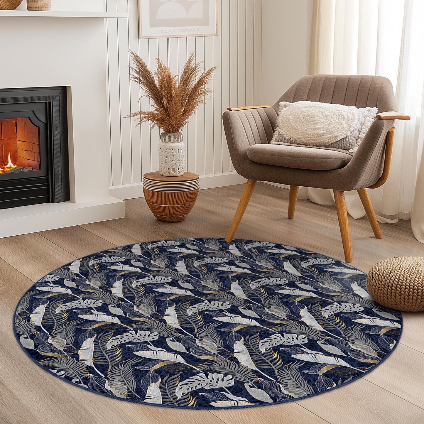 Elegant Leaf Pattern Round Area Rug, Floral Round Carpet for Living Room, Bohemian Decor, Indoor Round Mat, Soft Round Rug