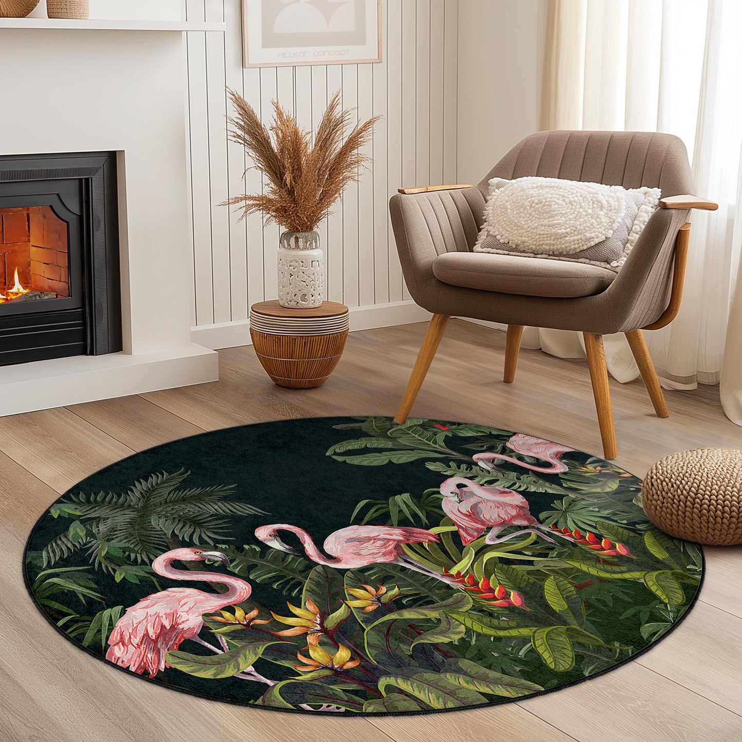 Tropical Flamingo Round Area Rug, Exotic Flamingo Carpet, Round Living Room Rug, Bohemian Home Decor, Tropical Jungle Rug