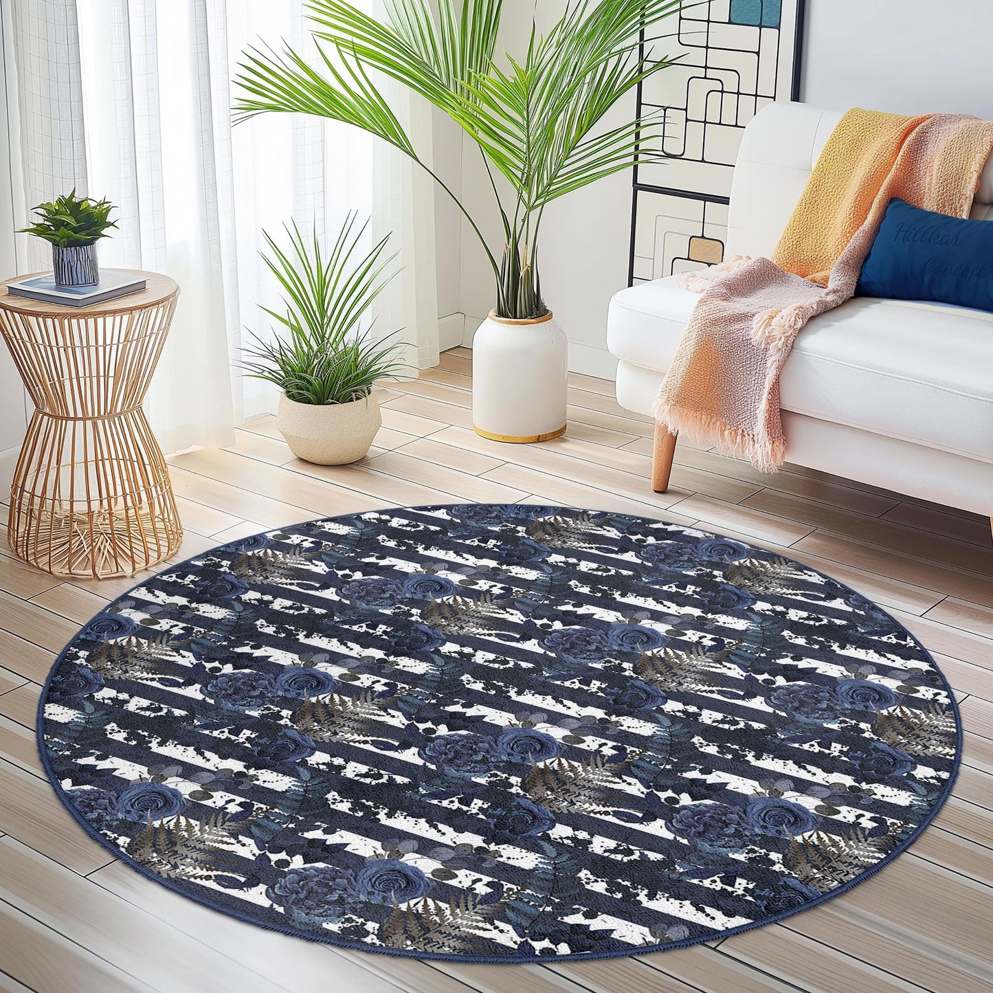 Elegant Floral Round Area Rug, Blue and White Floral Round Carpet, Chic Home Decor, Living Room Rug, Bohemian Style Rug
