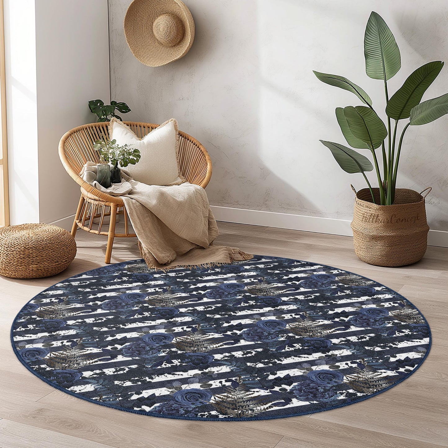 Elegant Floral Round Area Rug, Blue and White Floral Round Carpet, Chic Home Decor, Living Room Rug, Bohemian Style Rug
