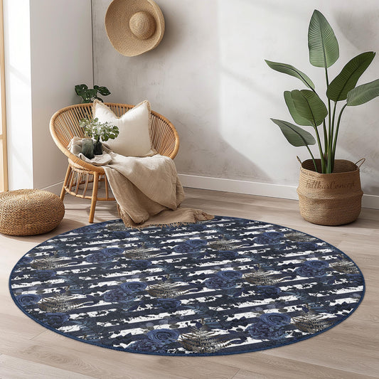 Elegant Floral Round Area Rug, Blue and White Floral Round Carpet, Chic Home Decor, Living Room Rug, Bohemian Style Rug