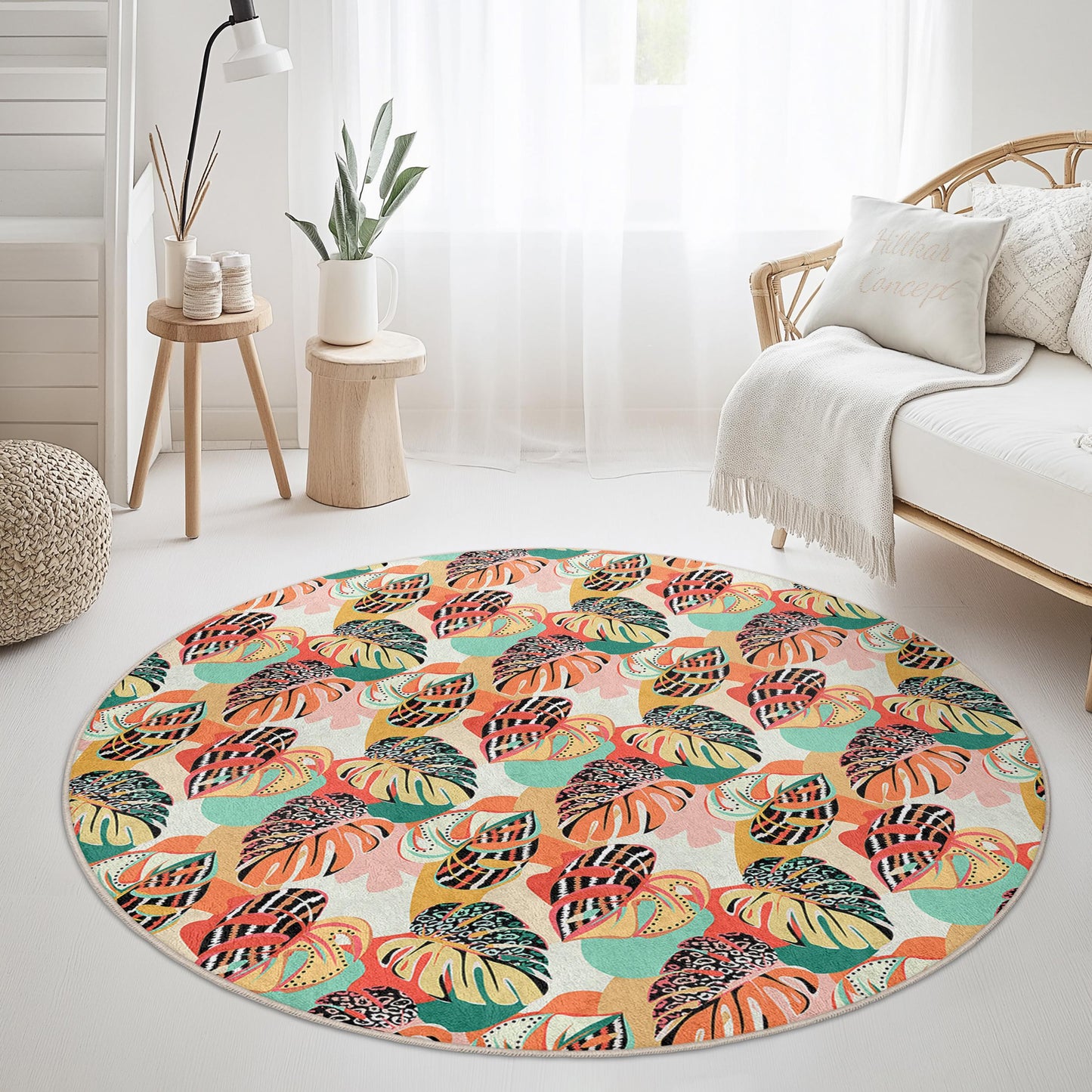 Vibrant Tropical Leaf Round Area Rug, Bohemian Style Round Rug, Living Room Decor, Indoor Round Carpet, Home Accents