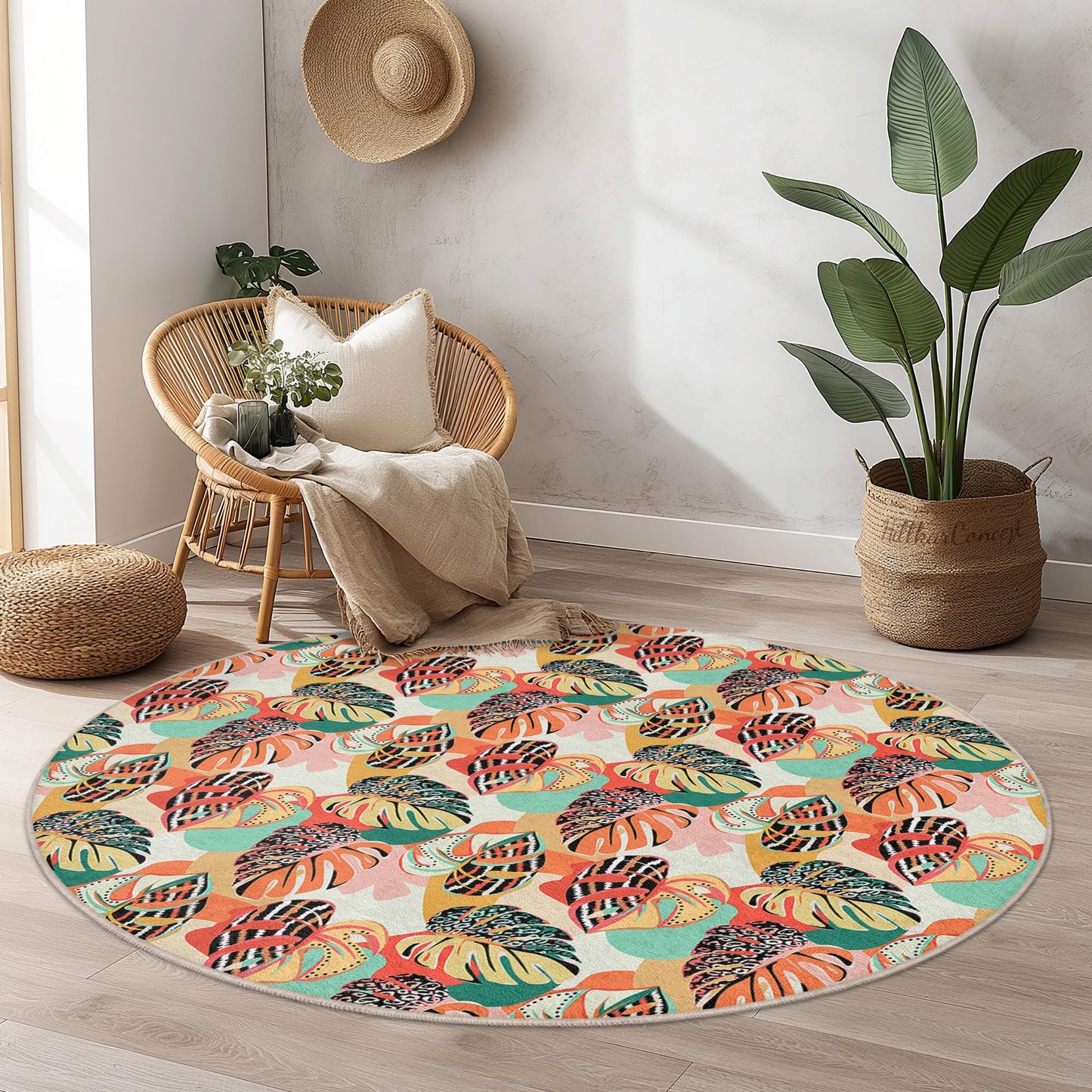 Vibrant Tropical Leaf Round Area Rug, Bohemian Style Round Rug, Living Room Decor, Indoor Round Carpet, Home Accents