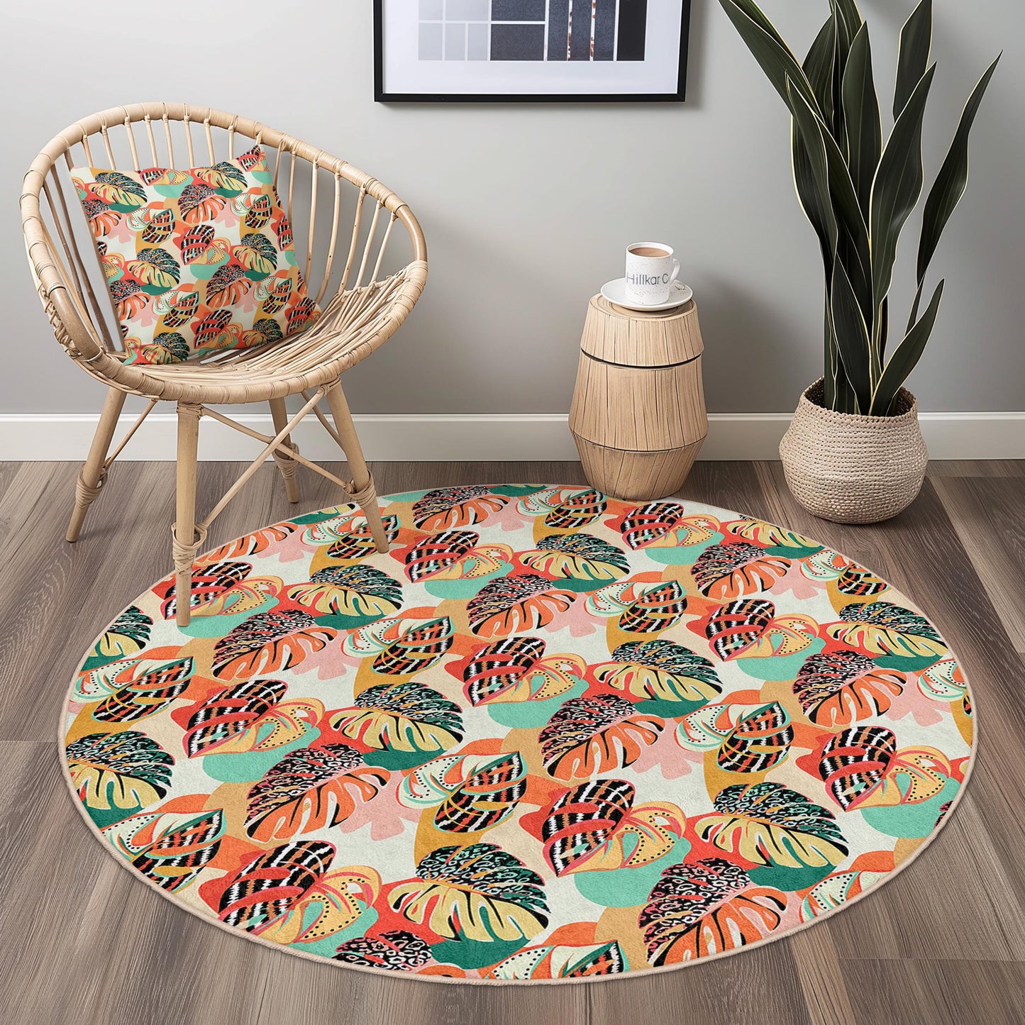 Vibrant Tropical Leaf Round Area Rug, Bohemian Style Round Rug, Living Room Decor, Indoor Round Carpet, Home Accents