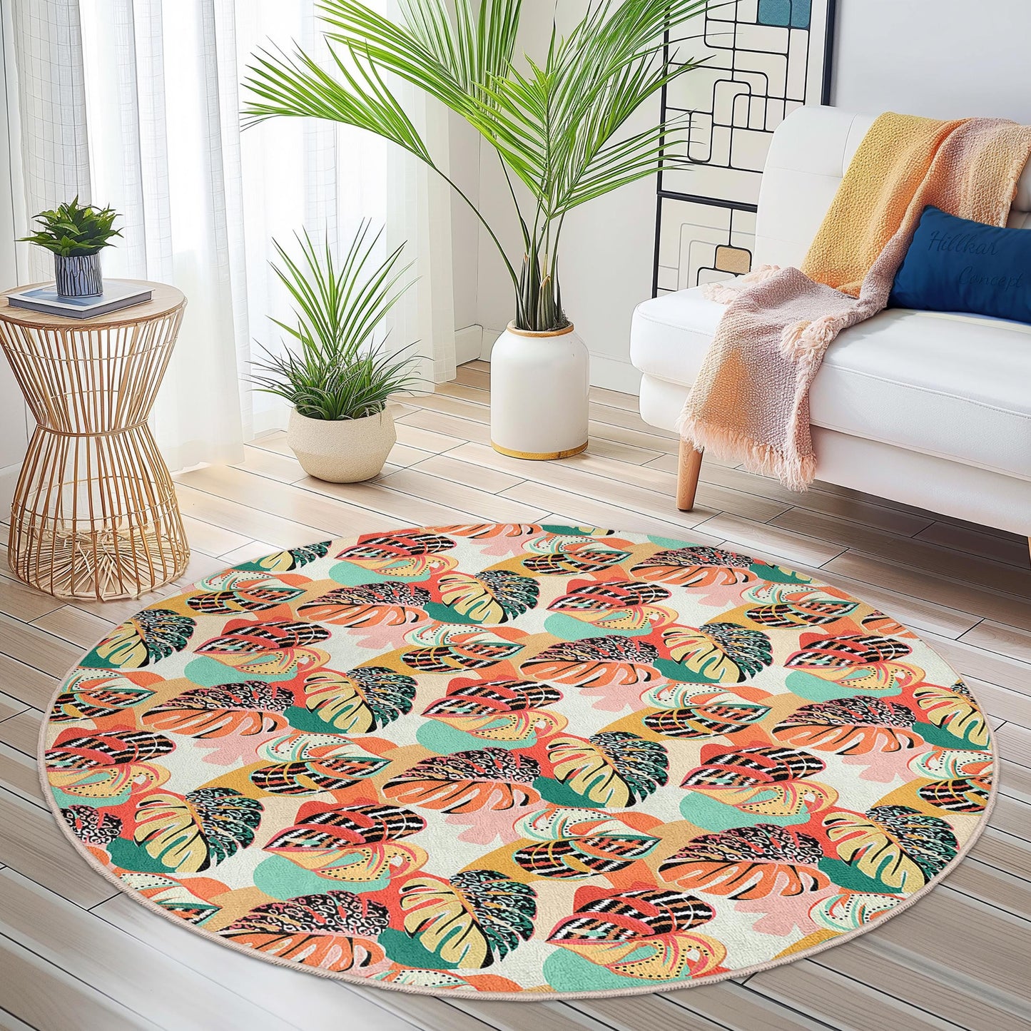 Vibrant Tropical Leaf Round Area Rug, Bohemian Style Round Rug, Living Room Decor, Indoor Round Carpet, Home Accents