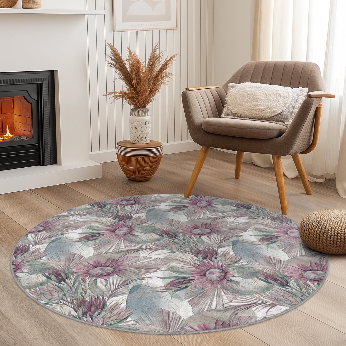 Floral Round Area Rug, Elegant Round Carpet, Living Room Decor, Boho Chic Rug, Home Interior Design, Modern Round Rug