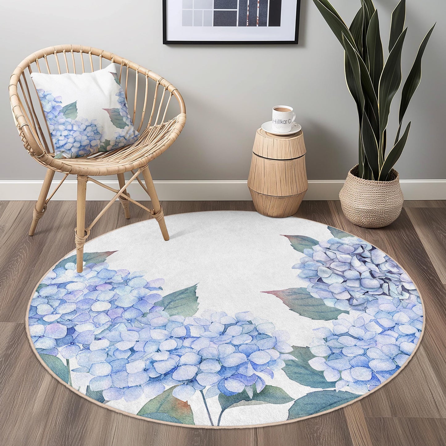 Hydrangea Floral Round Area Rug, Botanical Round Carpet, Flower Pattern Living Room Rug, Decorative Round Rug for Home