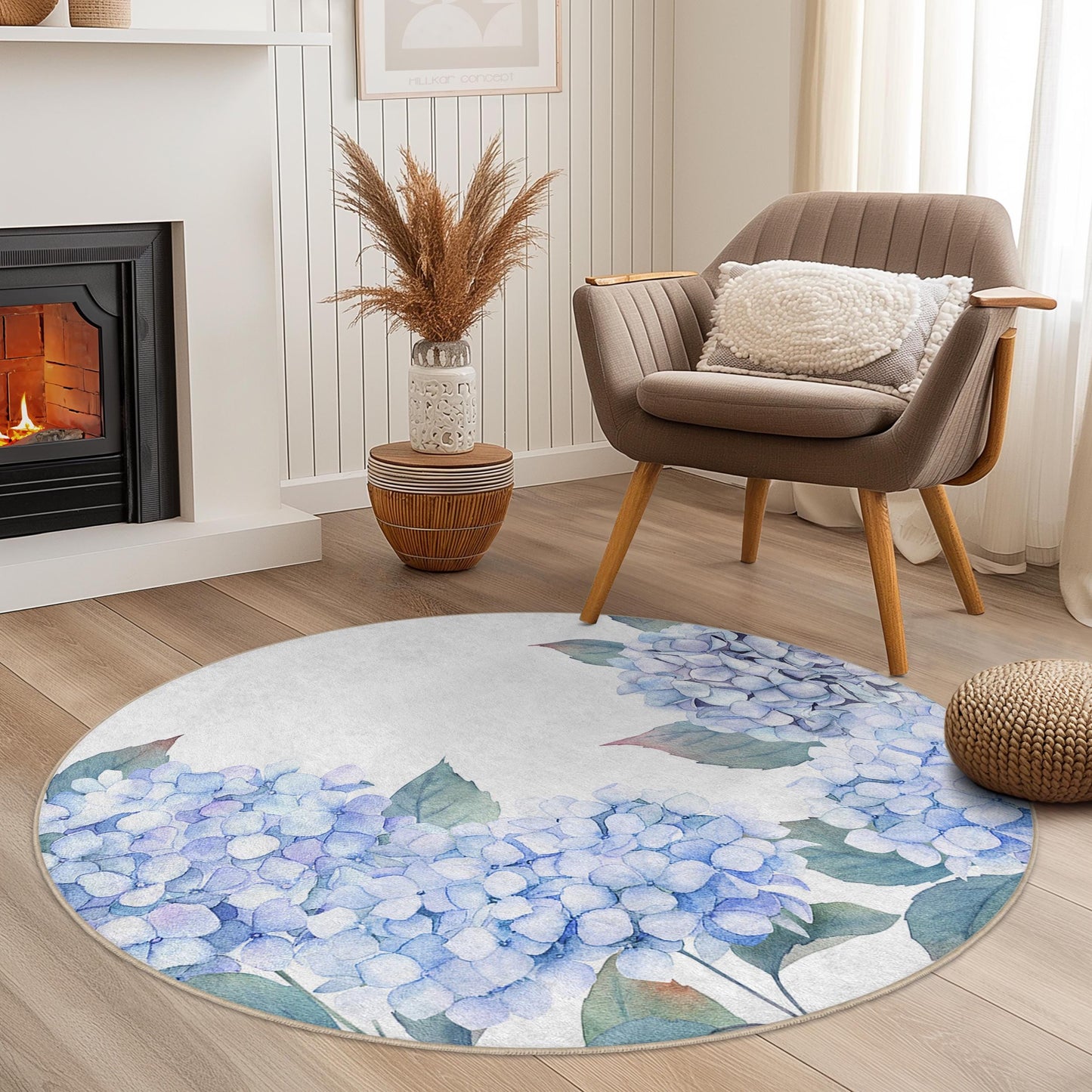 Hydrangea Floral Round Area Rug, Botanical Round Carpet, Flower Pattern Living Room Rug, Decorative Round Rug for Home