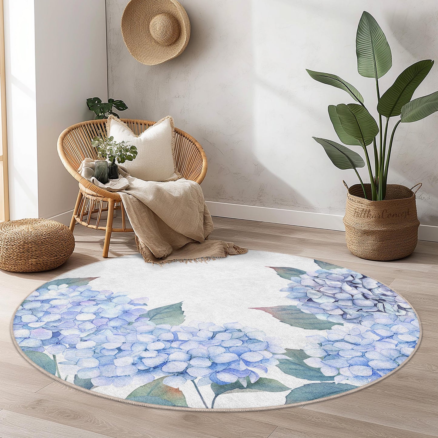 Hydrangea Floral Round Area Rug, Botanical Round Carpet, Flower Pattern Living Room Rug, Decorative Round Rug for Home